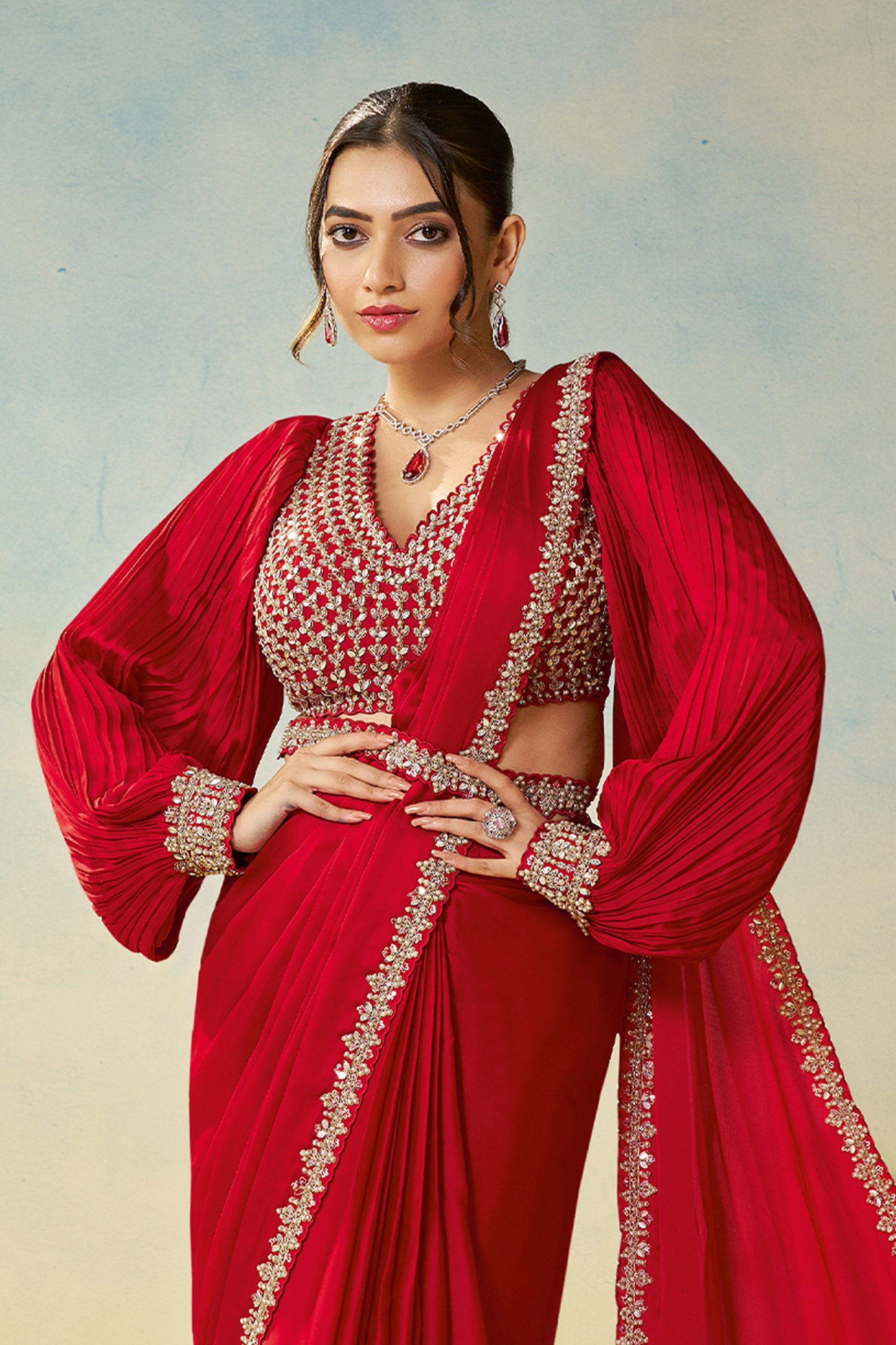 Red Satin Silk Readymade Saree-SAR11143_3_SareeButa.com