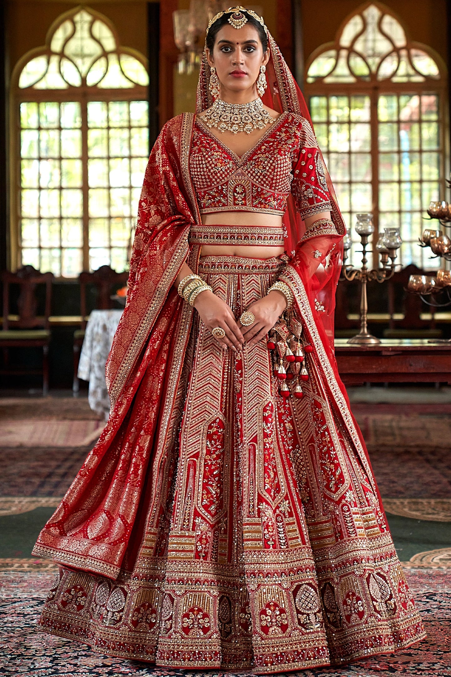 Red Semi-Stitched Embroidered Silk Lehenga-SAR10306_1_SareeButa.com