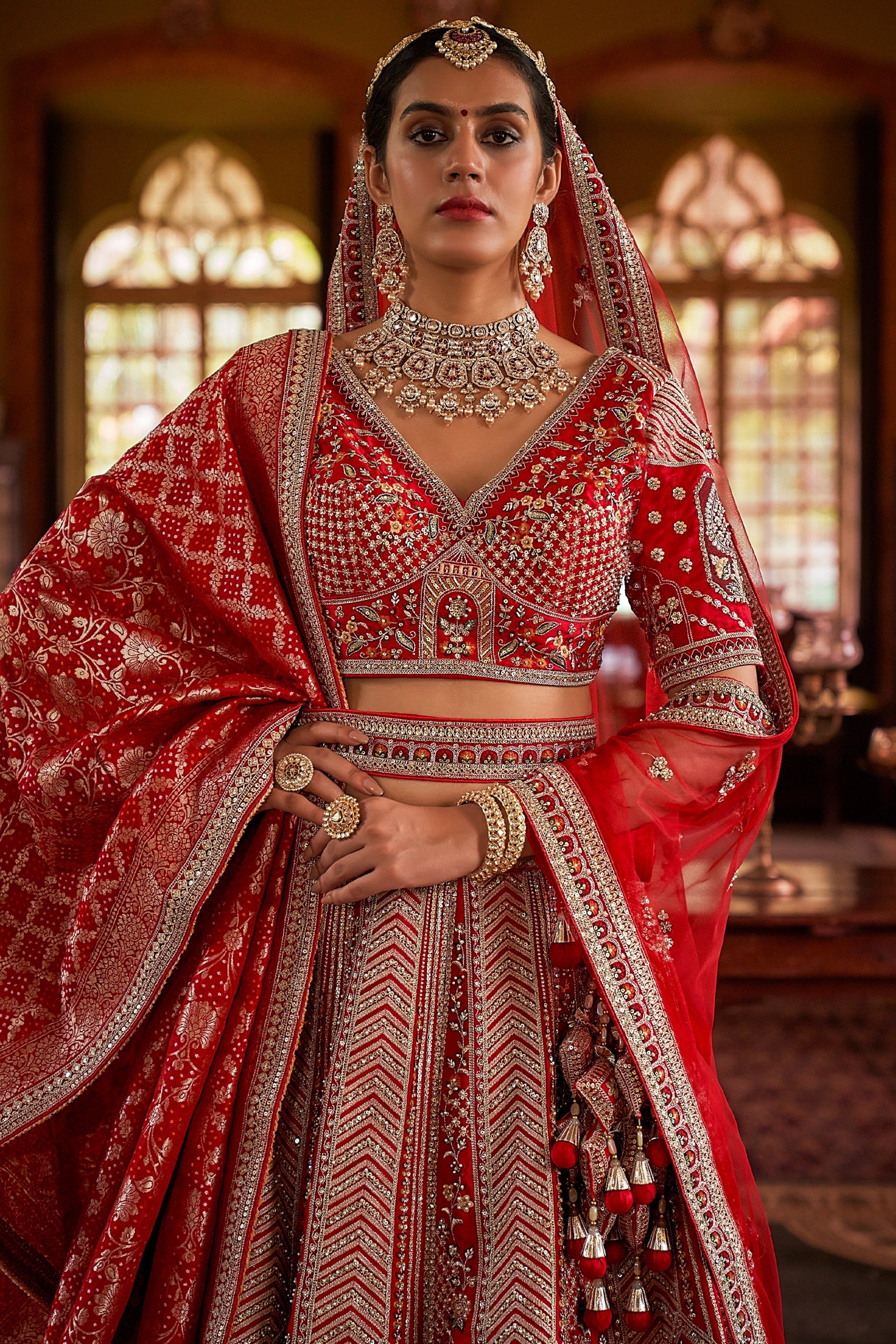 Red Semi-Stitched Embroidered Silk Lehenga-SAR10306_2_SareeButa.com