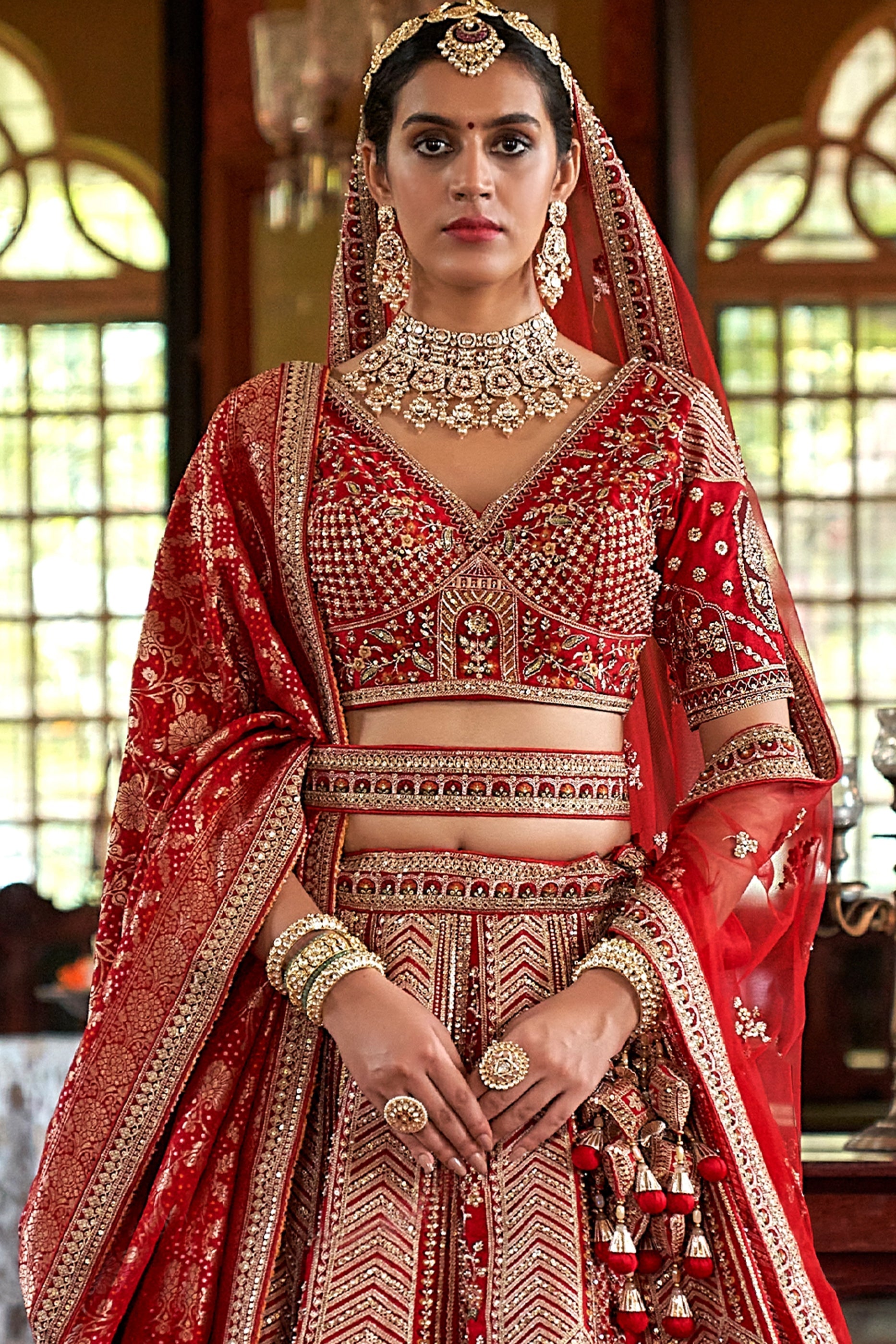 Red Semi-Stitched Embroidered Silk Lehenga-SAR10306_3_SareeButa.com