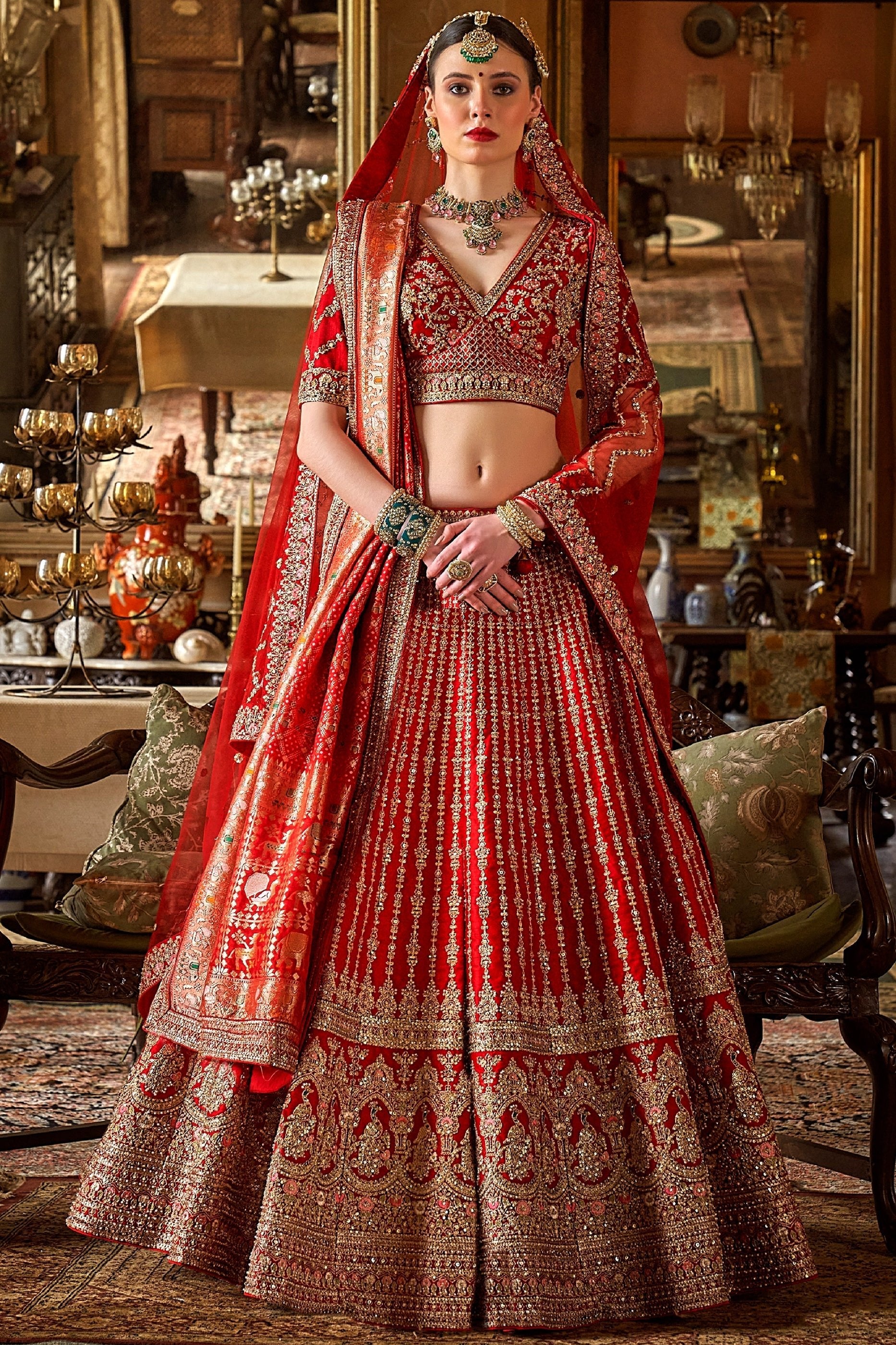 Red Semi-Stitched Embroidered Silk Lehenga-SAR10308_1_SareeButa.com