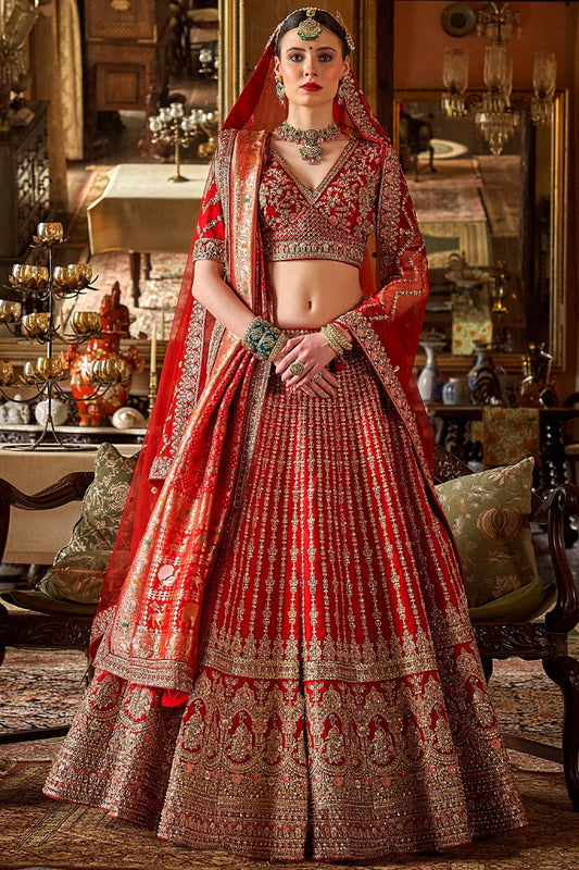 Red Semi-Stitched Embroidered Silk Lehenga-SAR10308_1_SareeButa.com