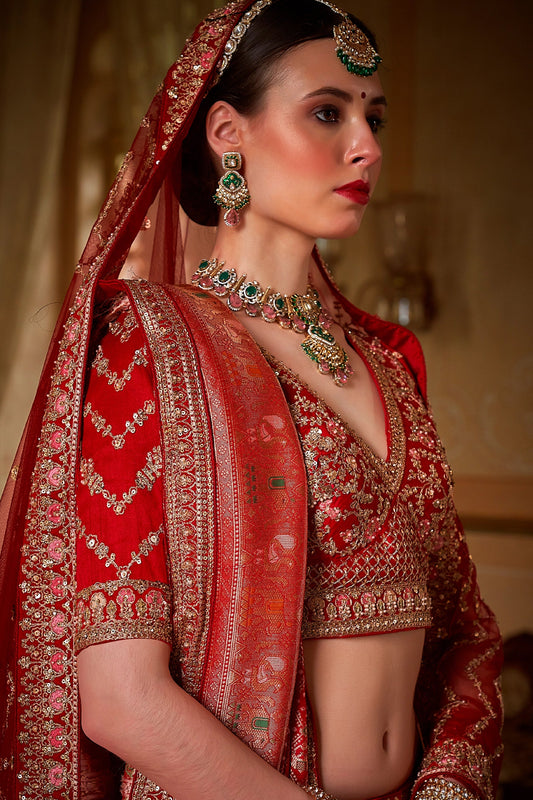 Red Semi-Stitched Embroidered Silk Lehenga-SAR10308_2_SareeButa.com