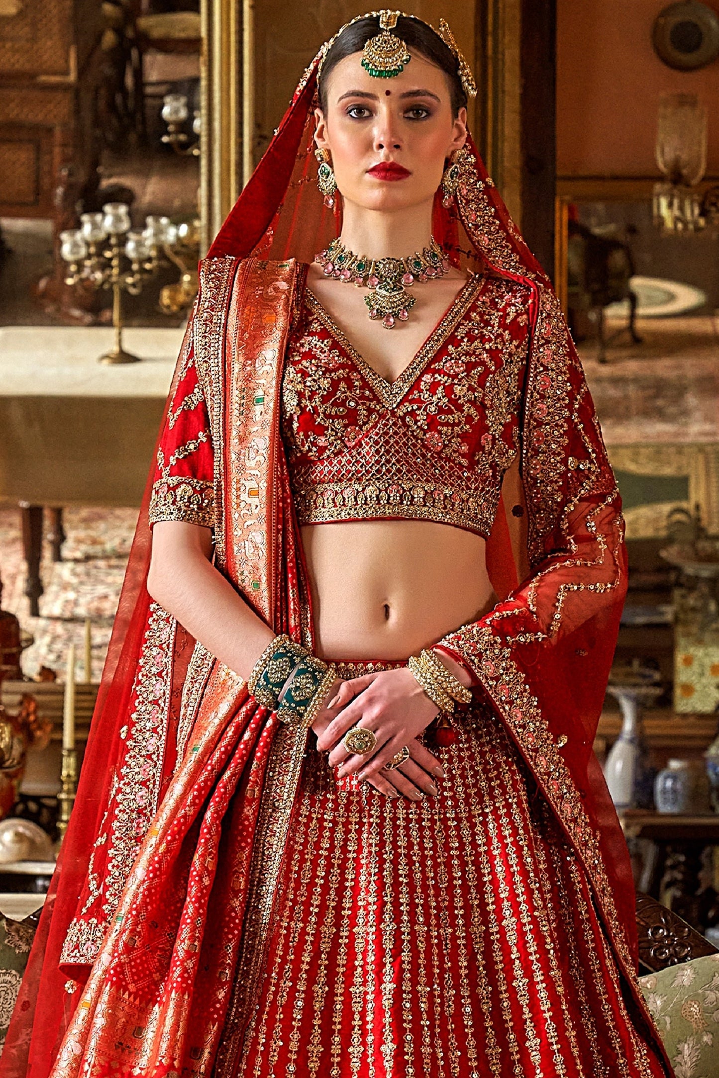 Red Semi-Stitched Embroidered Silk Lehenga-SAR10308_3_SareeButa.com