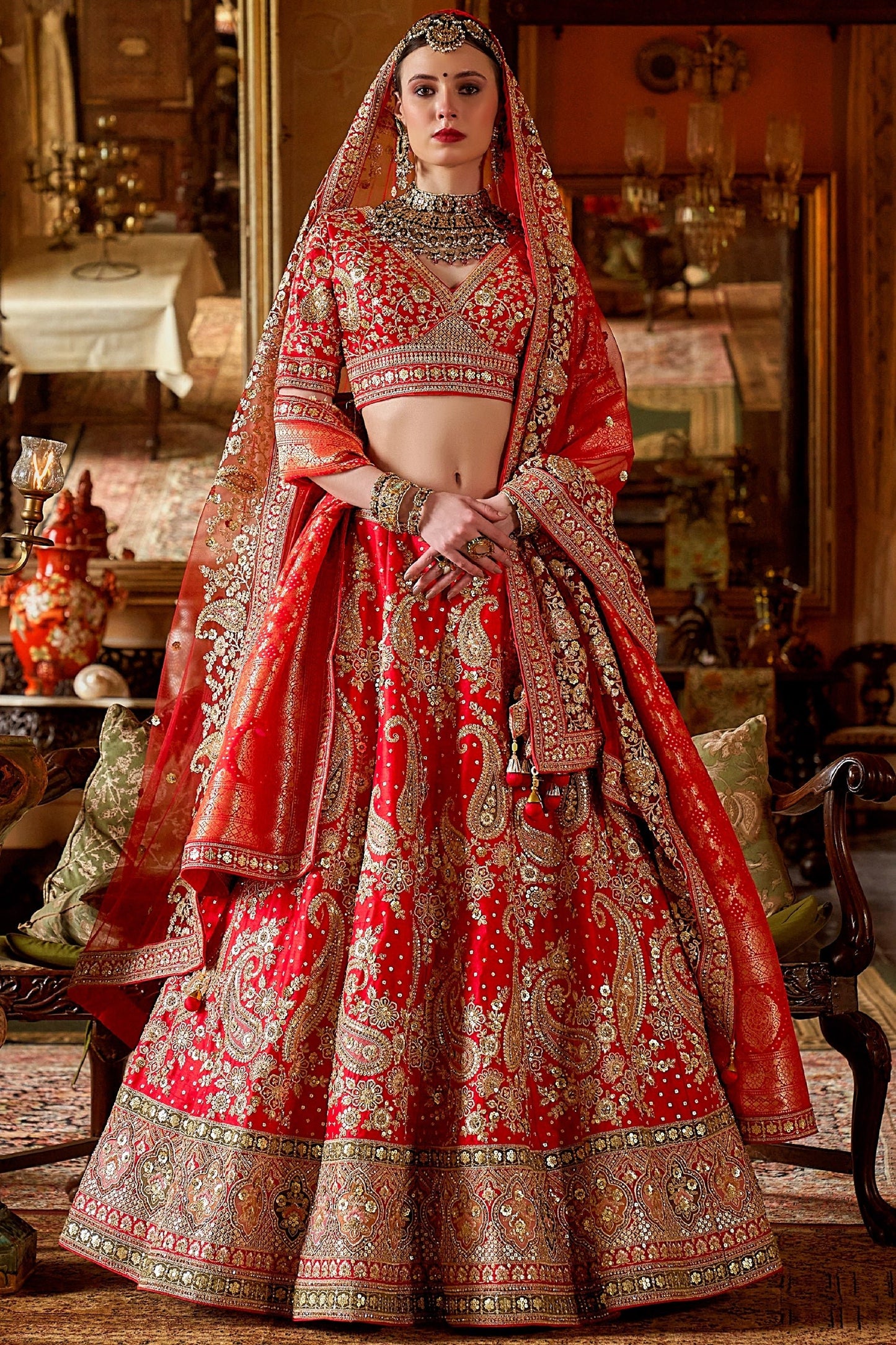 Red Semi-Stitched Embroidered Silk Lehenga-SAR10312_1_SareeButa.com