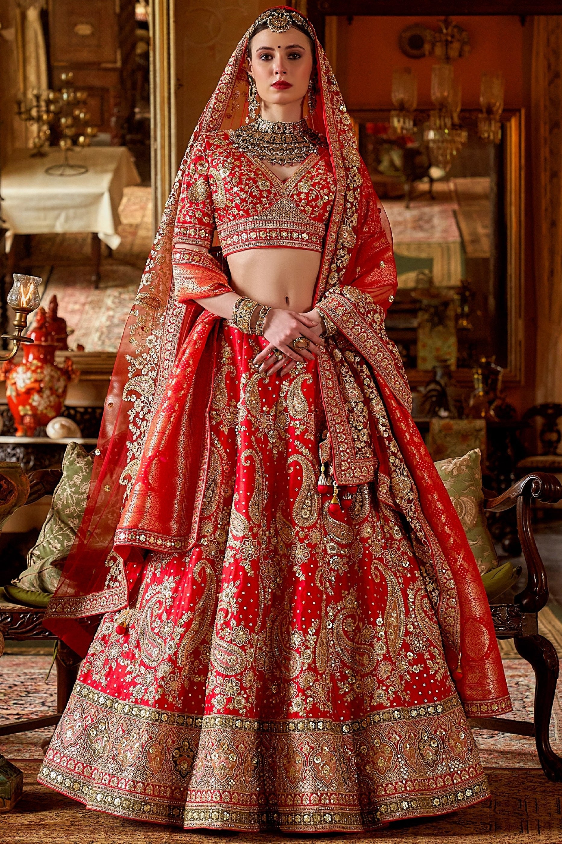 Red Semi-Stitched Embroidered Silk Lehenga-SAR10312_1_SareeButa.com