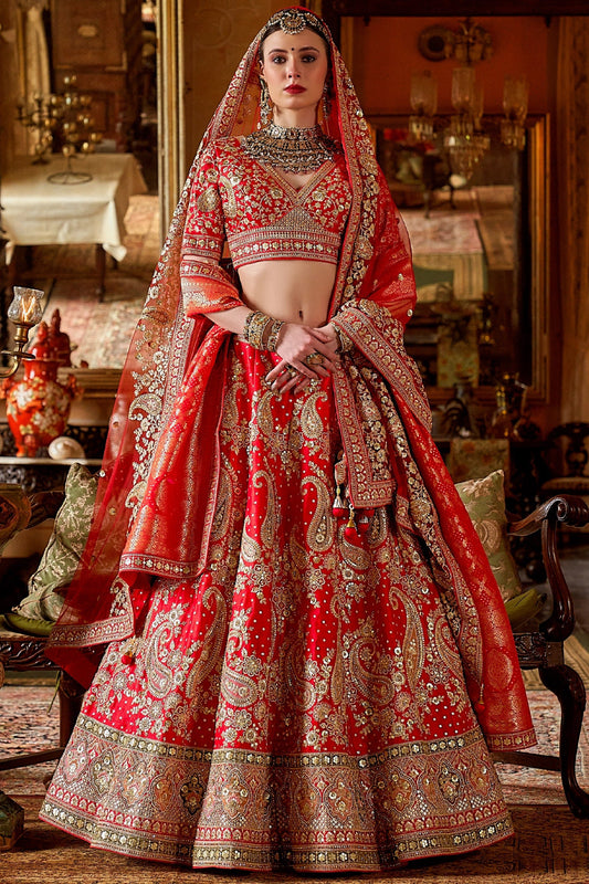 Red Semi-Stitched Embroidered Silk Lehenga-SAR10312_1_SareeButa.com
