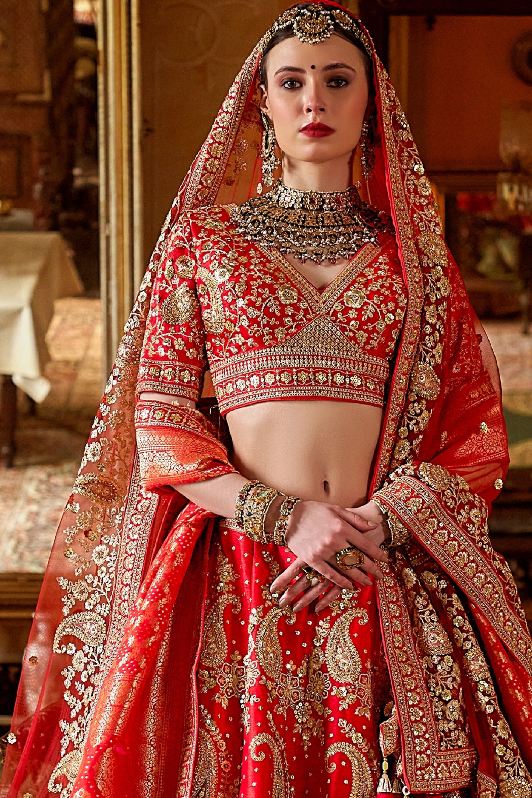 Red Semi-Stitched Embroidered Silk Lehenga-SAR10312_3_SareeButa.com
