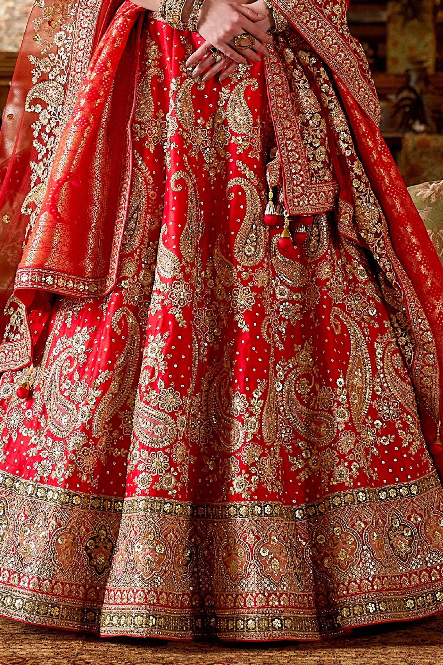 Red Semi-Stitched Embroidered Silk Lehenga-SAR10312_4_SareeButa.com