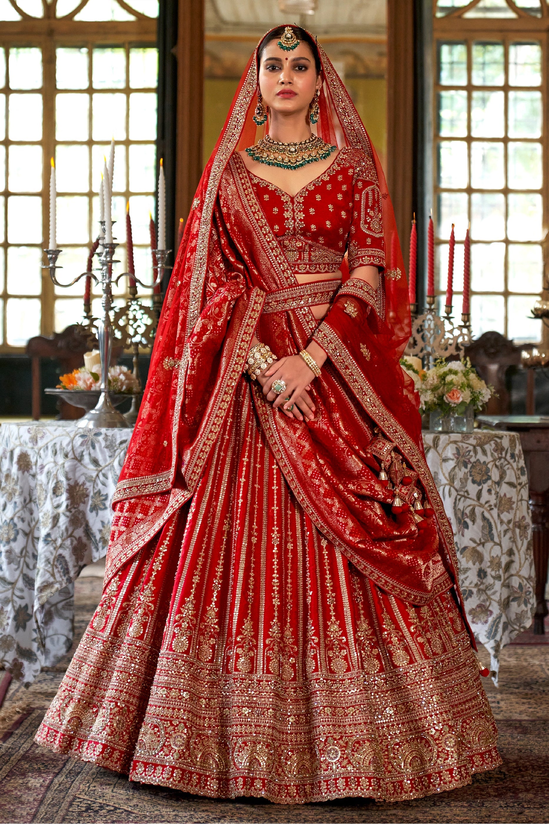 Red Semi-Stitched Embroidered Silk Lehenga-SAR10316_1_SareeButa.com