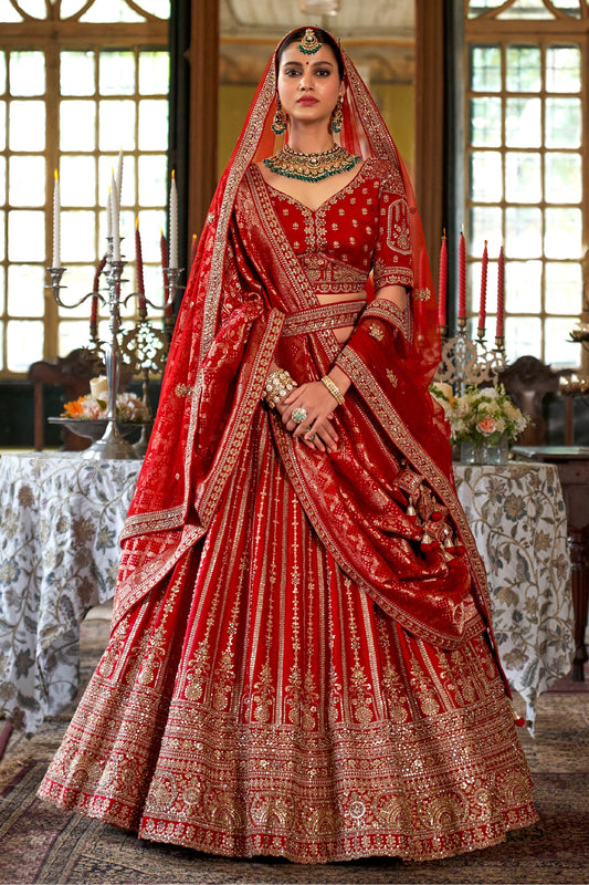 Red Semi-Stitched Embroidered Silk Lehenga-SAR10316_1_SareeButa.com