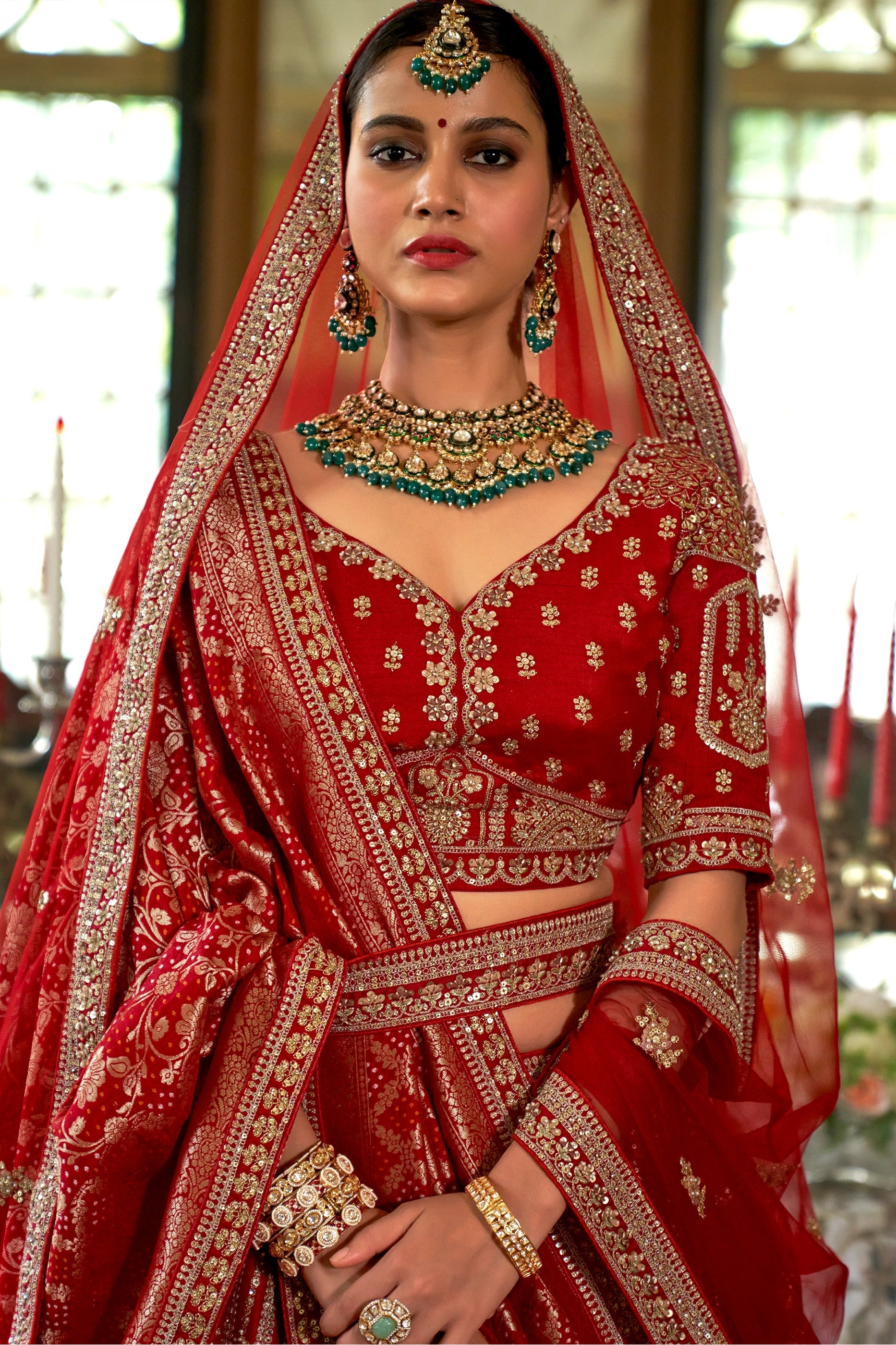 Red Semi-Stitched Embroidered Silk Lehenga-SAR10316_2_SareeButa.com