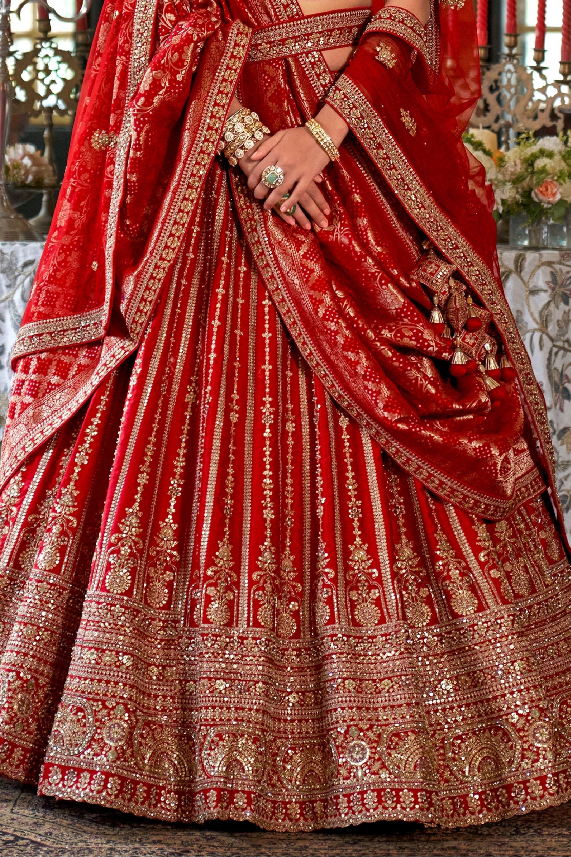Red Semi-Stitched Embroidered Silk Lehenga-SAR10316_3_SareeButa.com