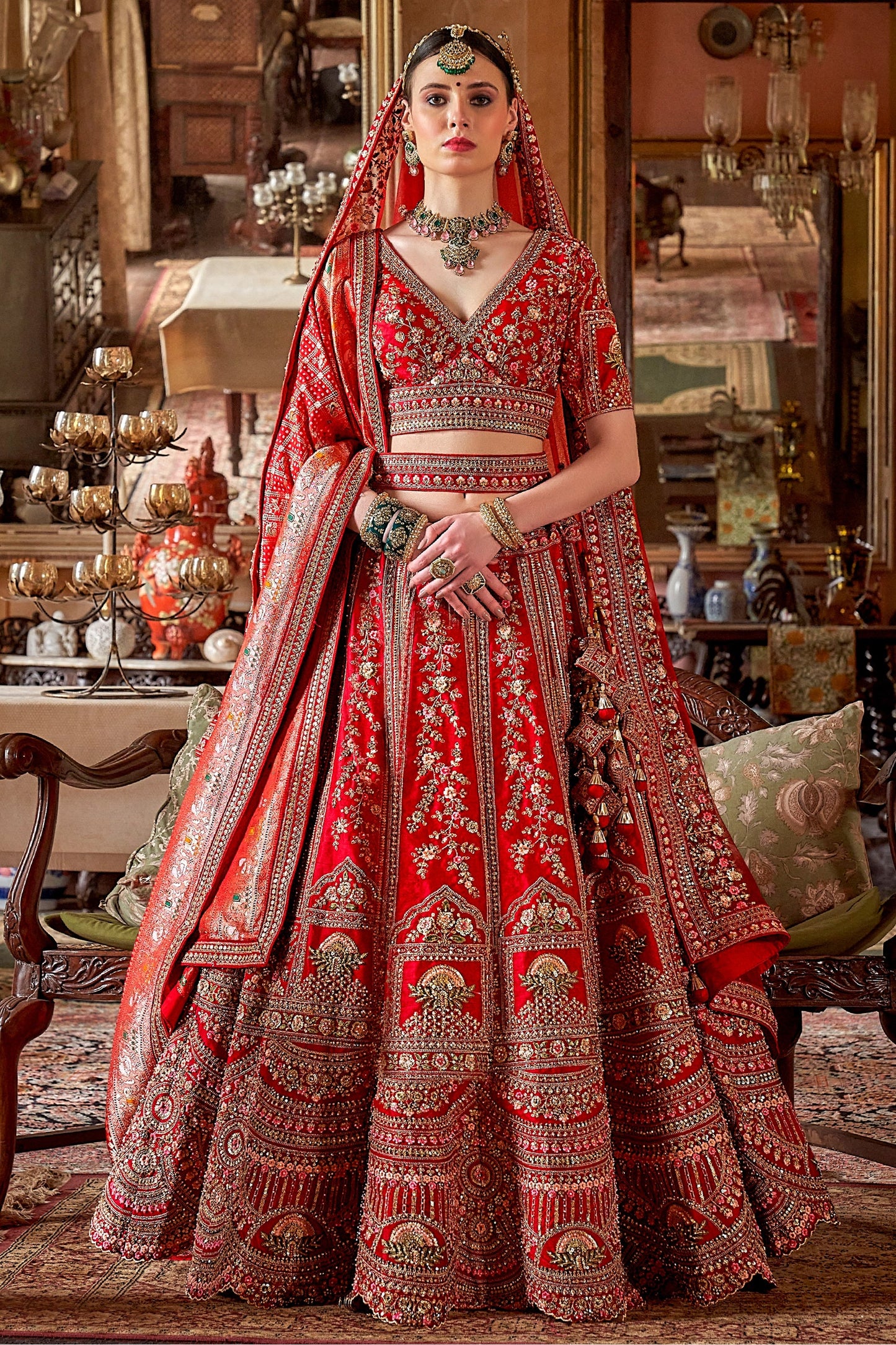 Red Semi-Stitched Embroidered Silk Lehenga-SAR10318_1_SareeButa.com