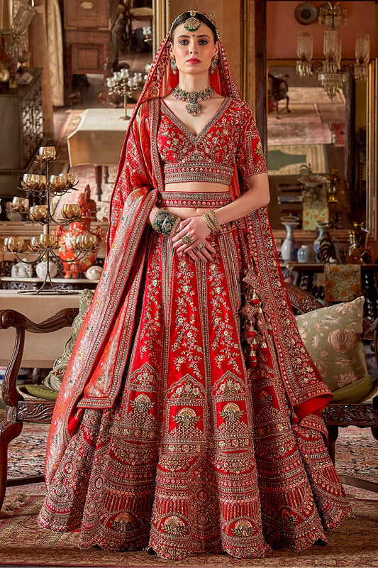 Red Semi-Stitched Embroidered Silk Lehenga-SAR10318_1_SareeButa.com