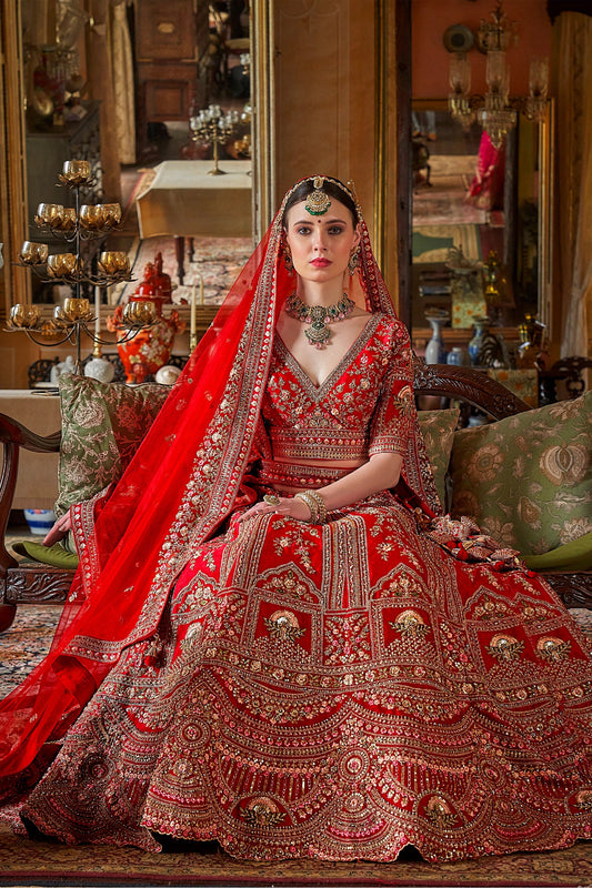 Red Semi-Stitched Embroidered Silk Lehenga-SAR10318_2_SareeButa.com