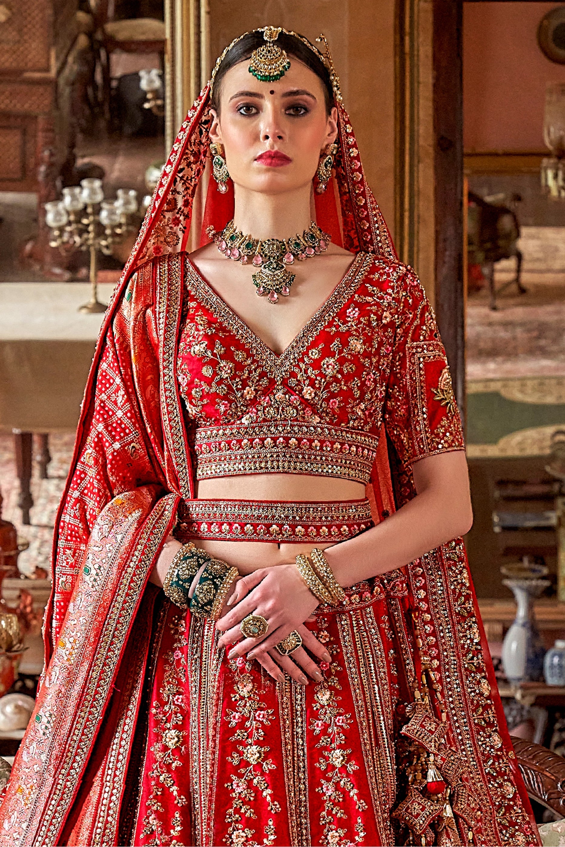 Red Semi-Stitched Embroidered Silk Lehenga-SAR10318_3_SareeButa.com
