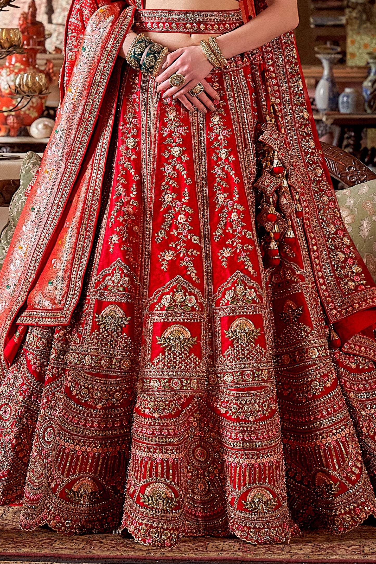 Red Semi-Stitched Embroidered Silk Lehenga-SAR10318_4_SareeButa.com