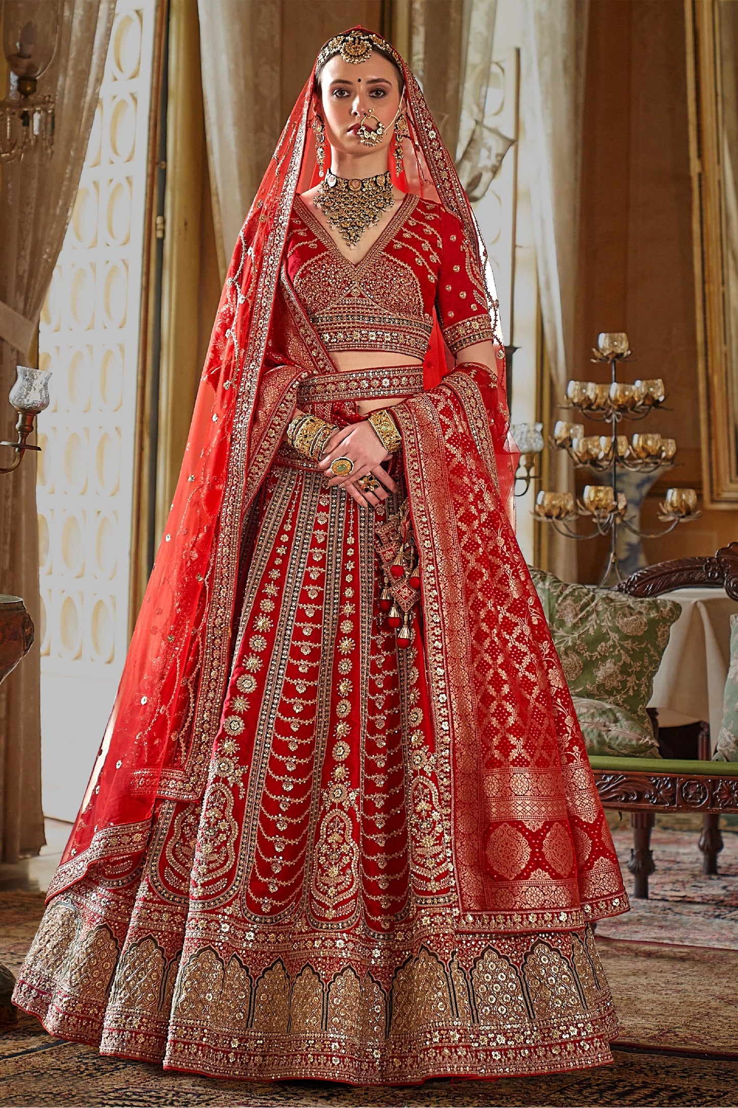 Red Semi-Stitched Embroidered Silk Lehenga-SAR10321_1_SareeButa.com