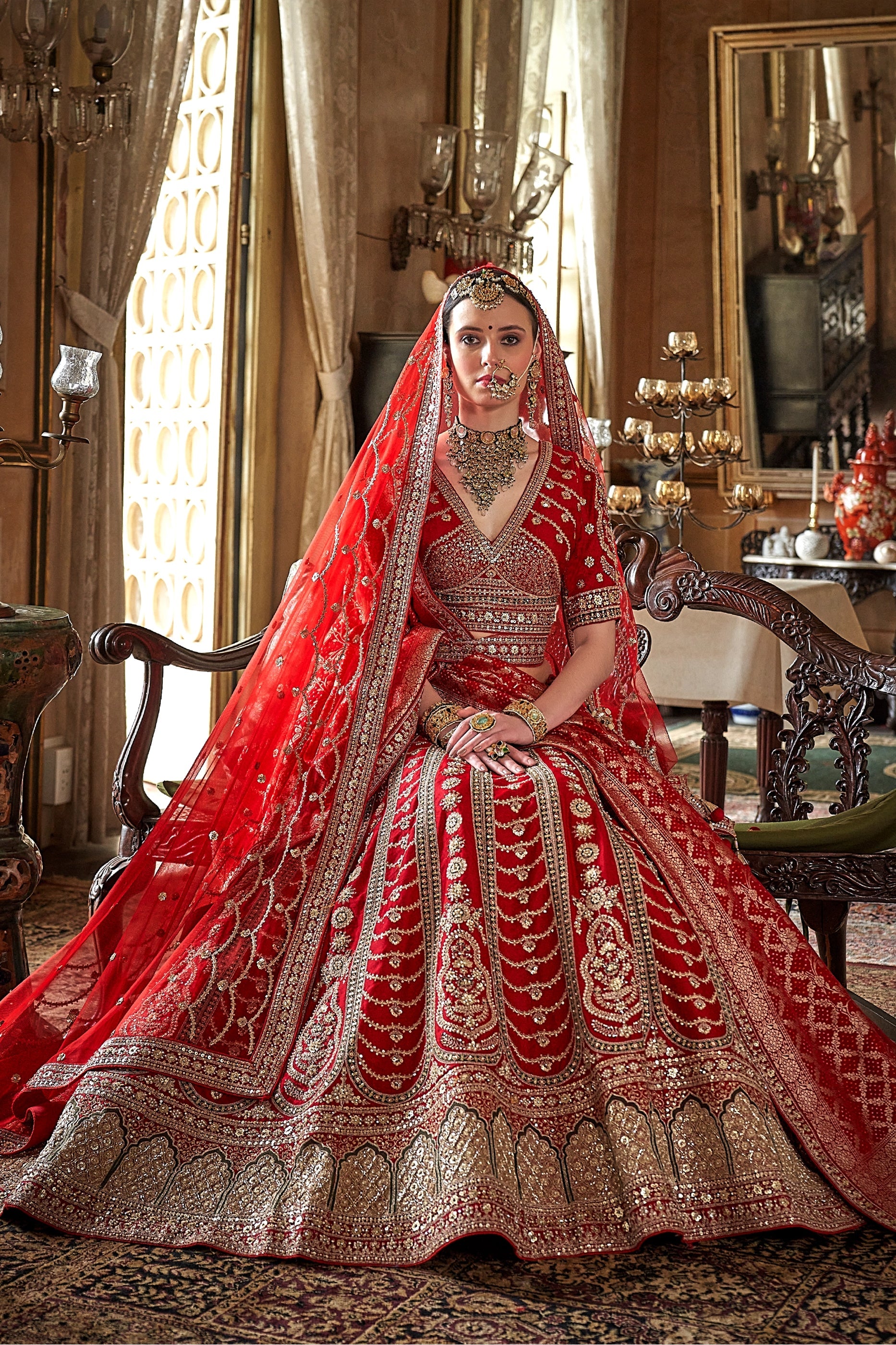 Red Semi-Stitched Embroidered Silk Lehenga-SAR10321_2_SareeButa.com