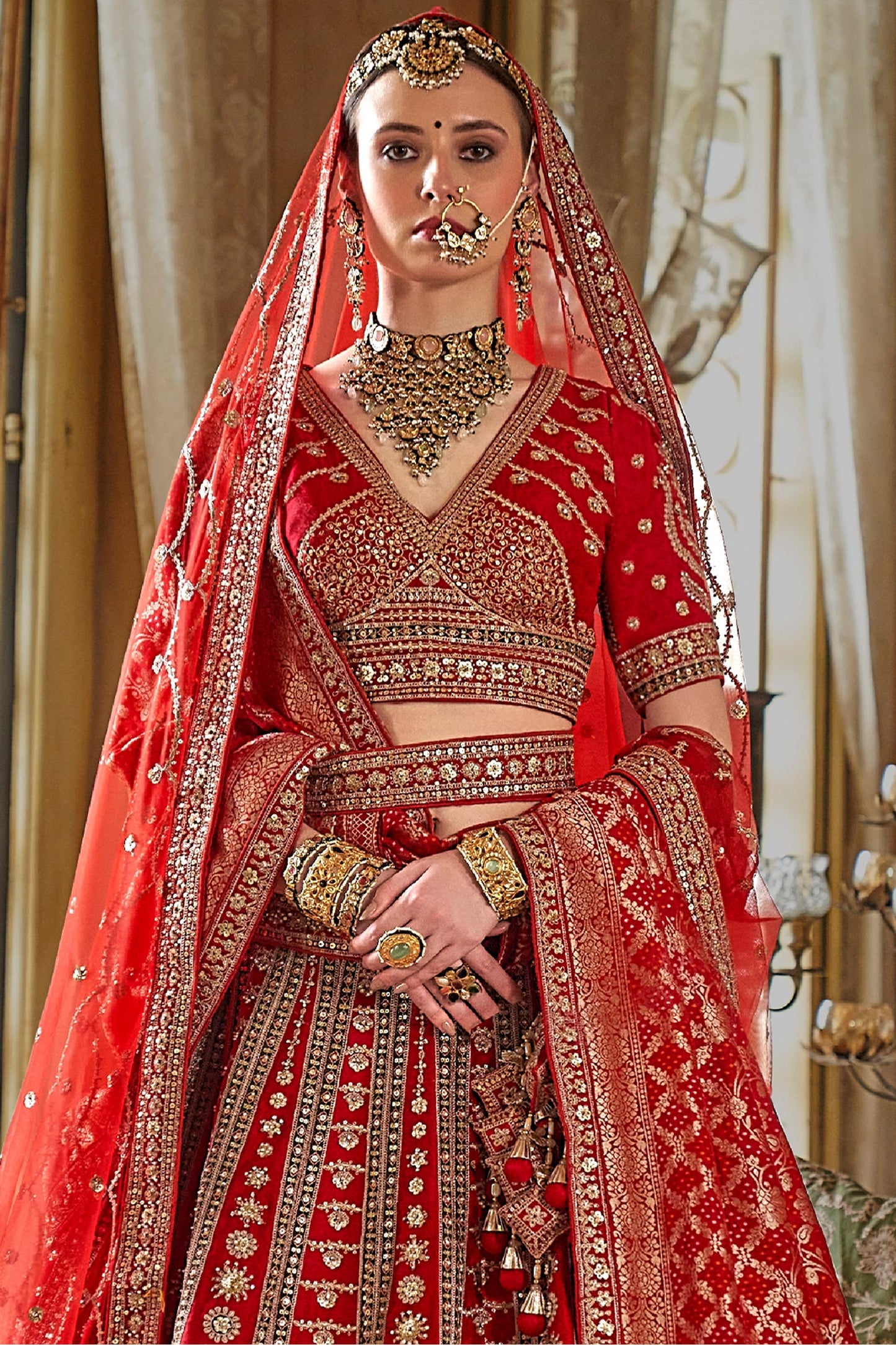Red Semi-Stitched Embroidered Silk Lehenga-SAR10321_3_SareeButa.com