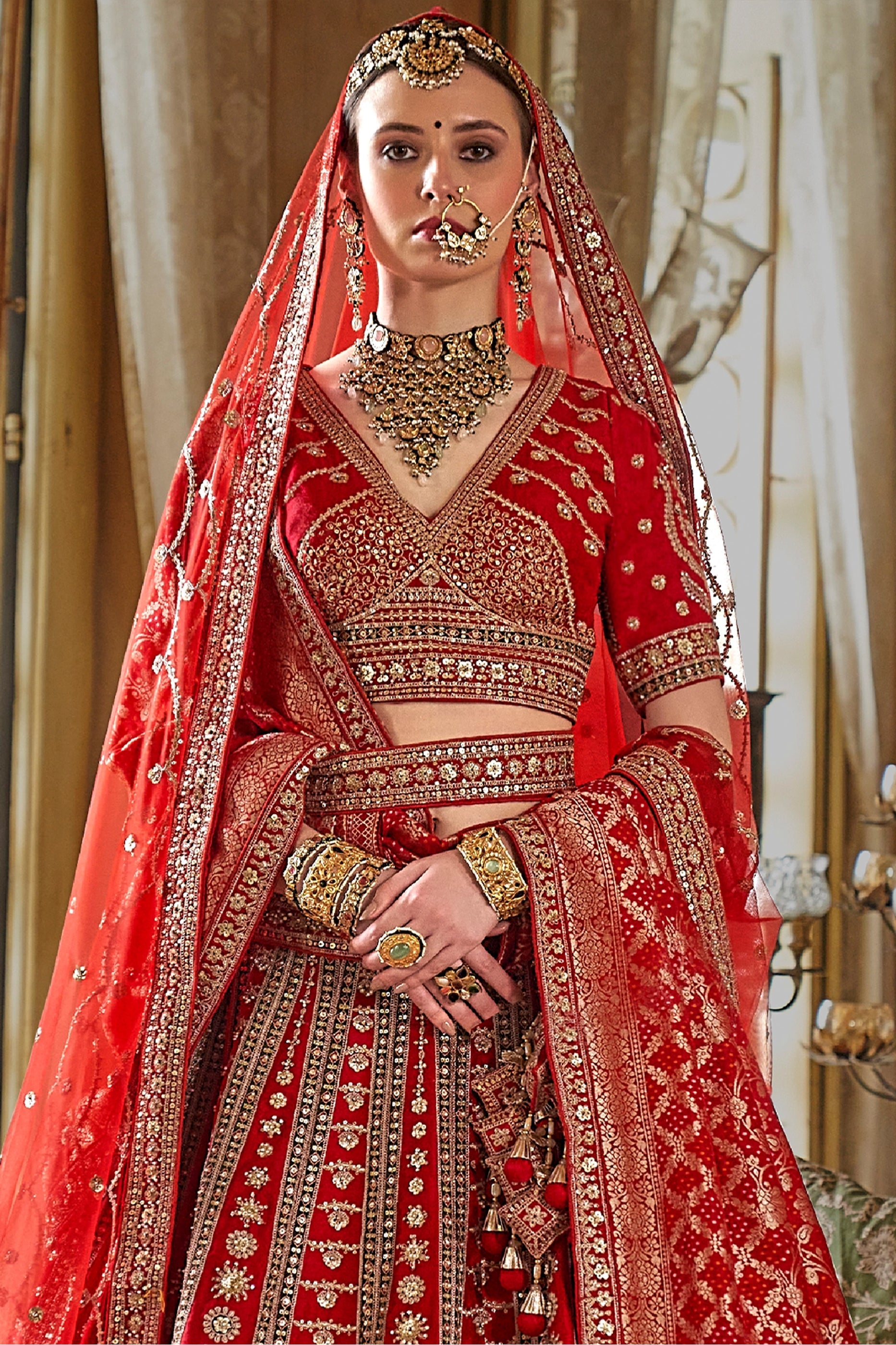 Red Semi-Stitched Embroidered Silk Lehenga-SAR10321_3_SareeButa.com