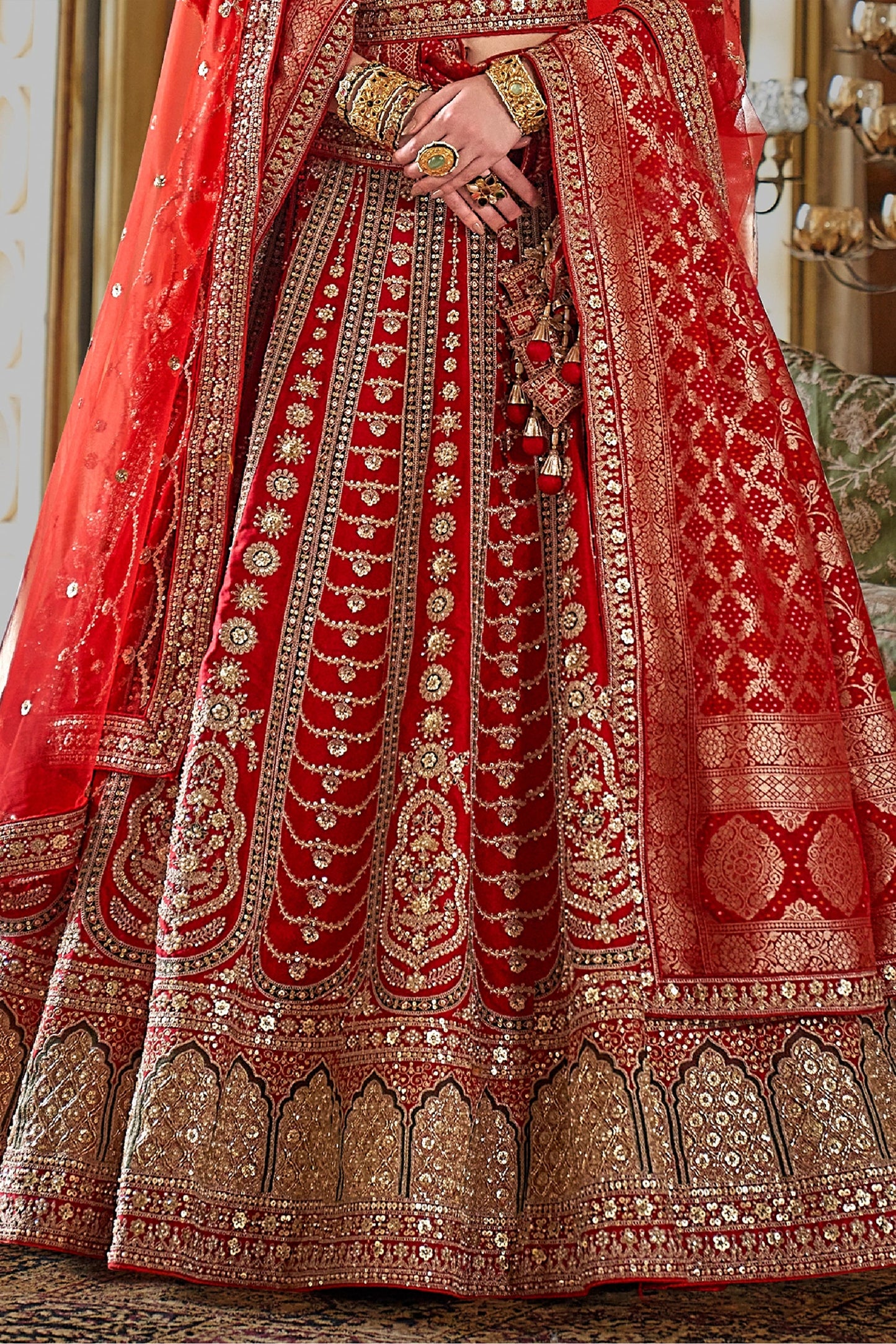 Red Semi-Stitched Embroidered Silk Lehenga-SAR10321_4_SareeButa.com