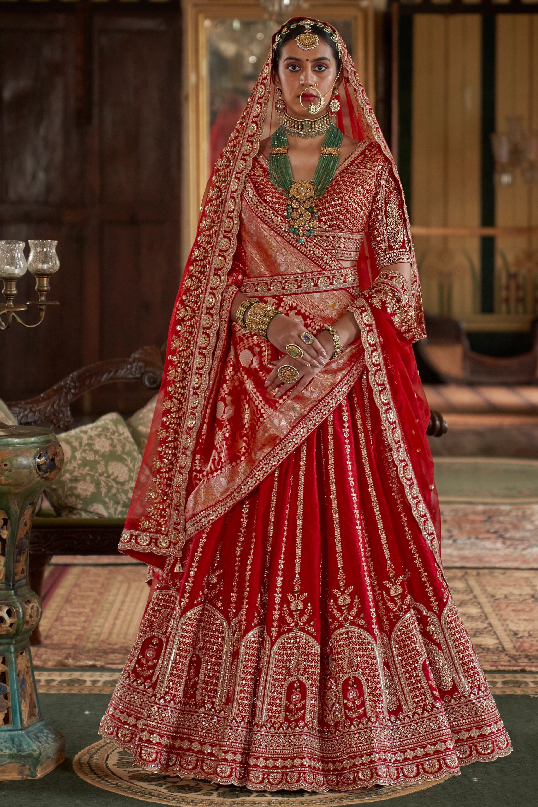 Red Semi-Stitched Embroidered Silk Lehenga-SAR10325_1_SareeButa.com
