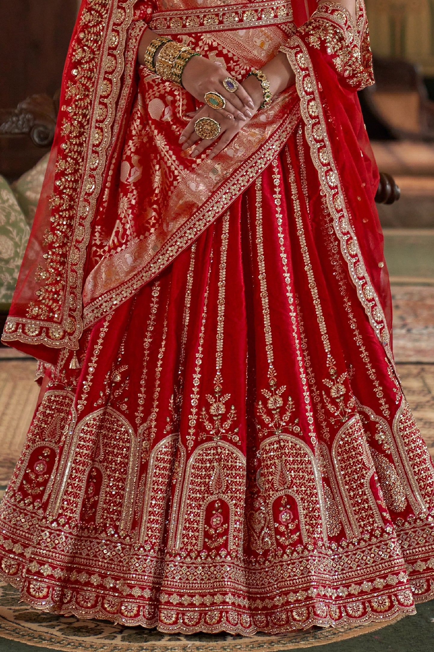 Red Semi-Stitched Embroidered Silk Lehenga-SAR10325_3_SareeButa.com