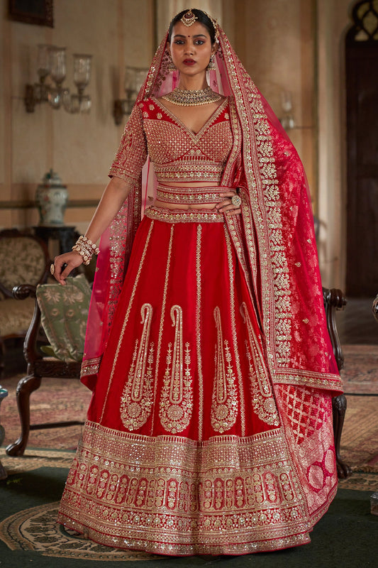 Red Semi-Stitched Embroidered Silk Lehenga-SAR10328_1_SareeButa.com