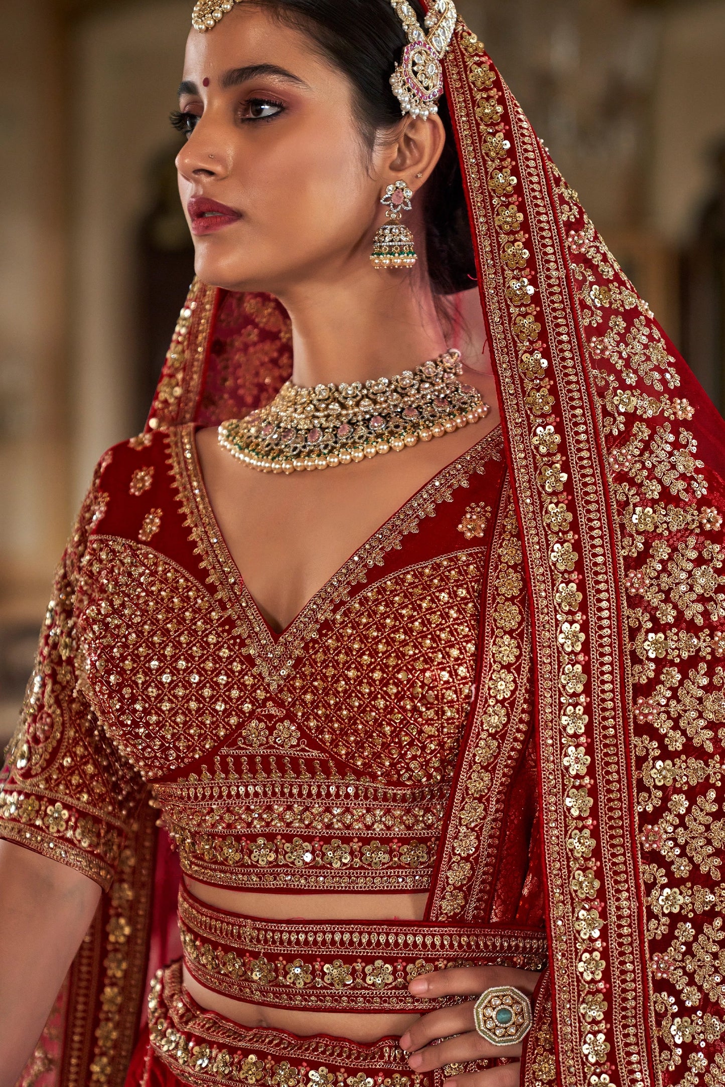 Red Semi-Stitched Embroidered Silk Lehenga-SAR10328_2_SareeButa.com