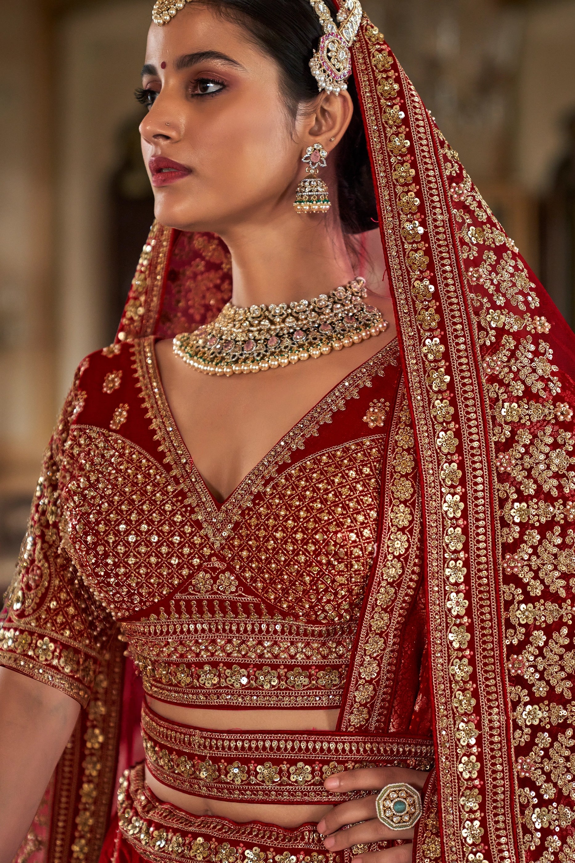 Red Semi-Stitched Embroidered Silk Lehenga-SAR10328_2_SareeButa.com