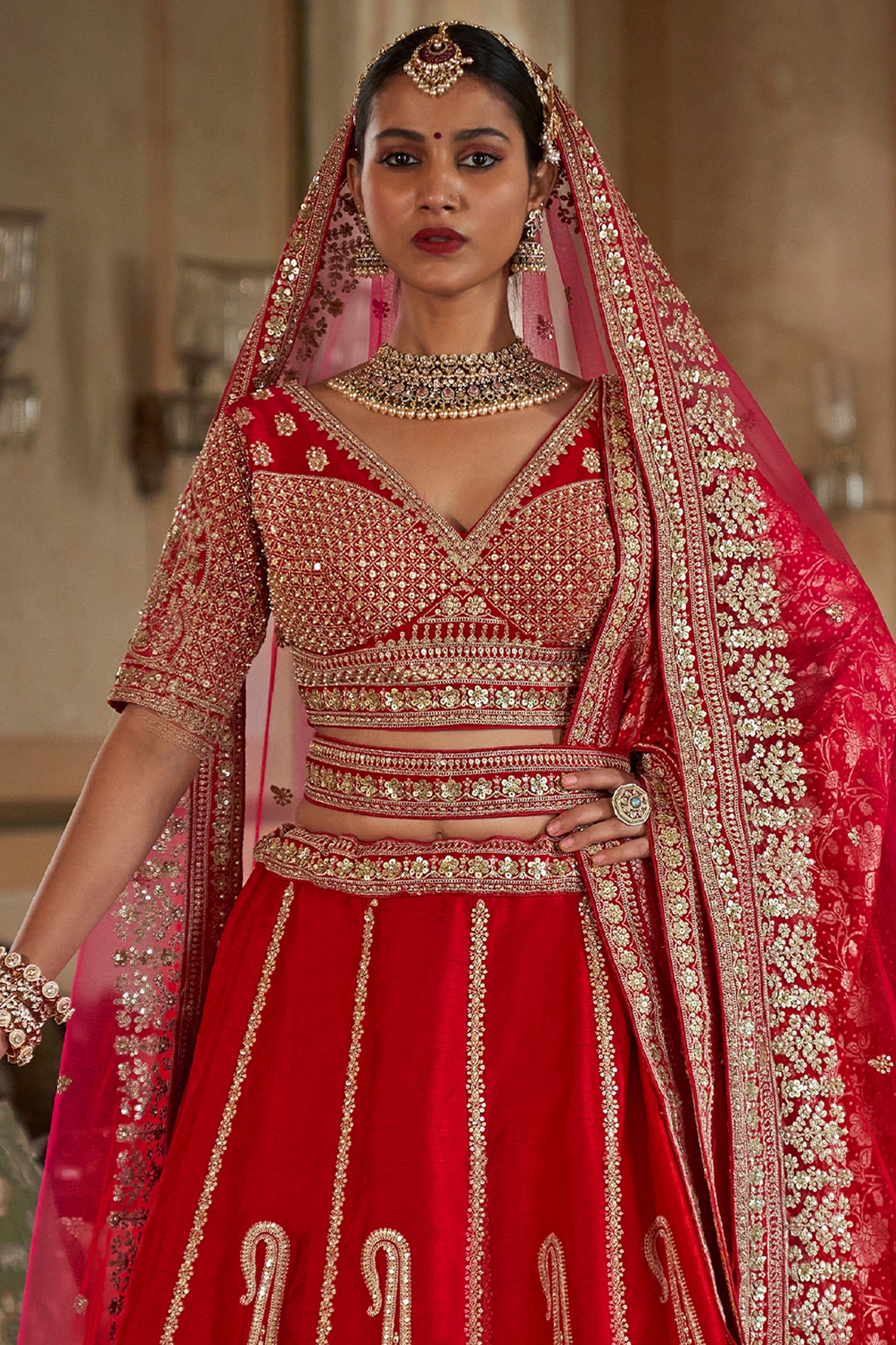 Red Semi-Stitched Embroidered Silk Lehenga-SAR10328_3_SareeButa.com