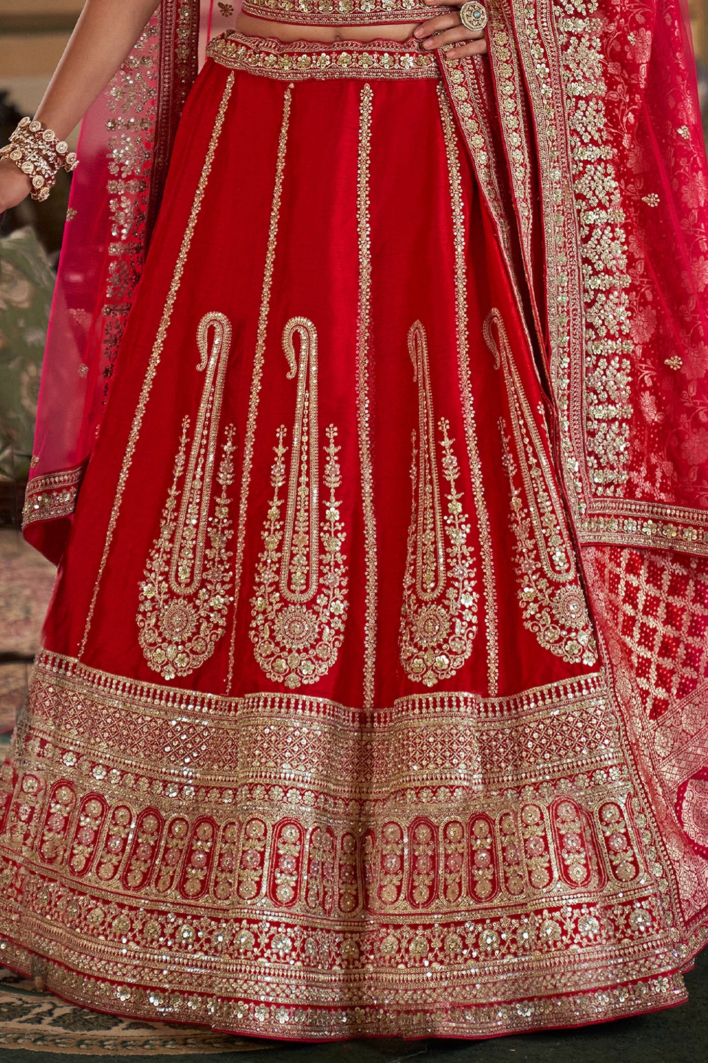 Red Semi-Stitched Embroidered Silk Lehenga-SAR10328_4_SareeButa.com