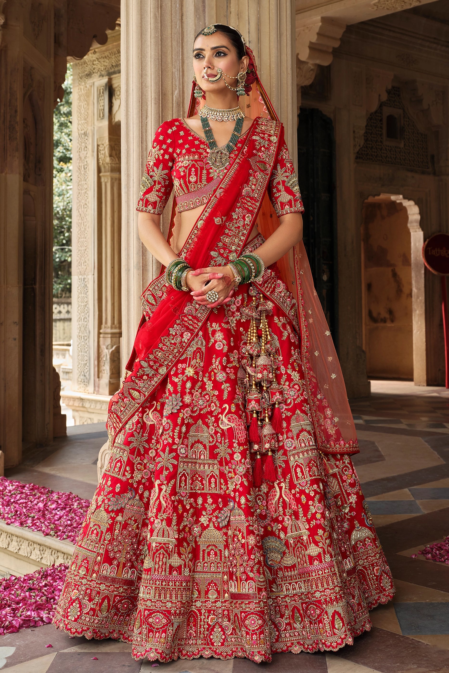 Red Semi-Stitched Embroidered Silk Lehenga-SAR10533_1_SareeButa.com
