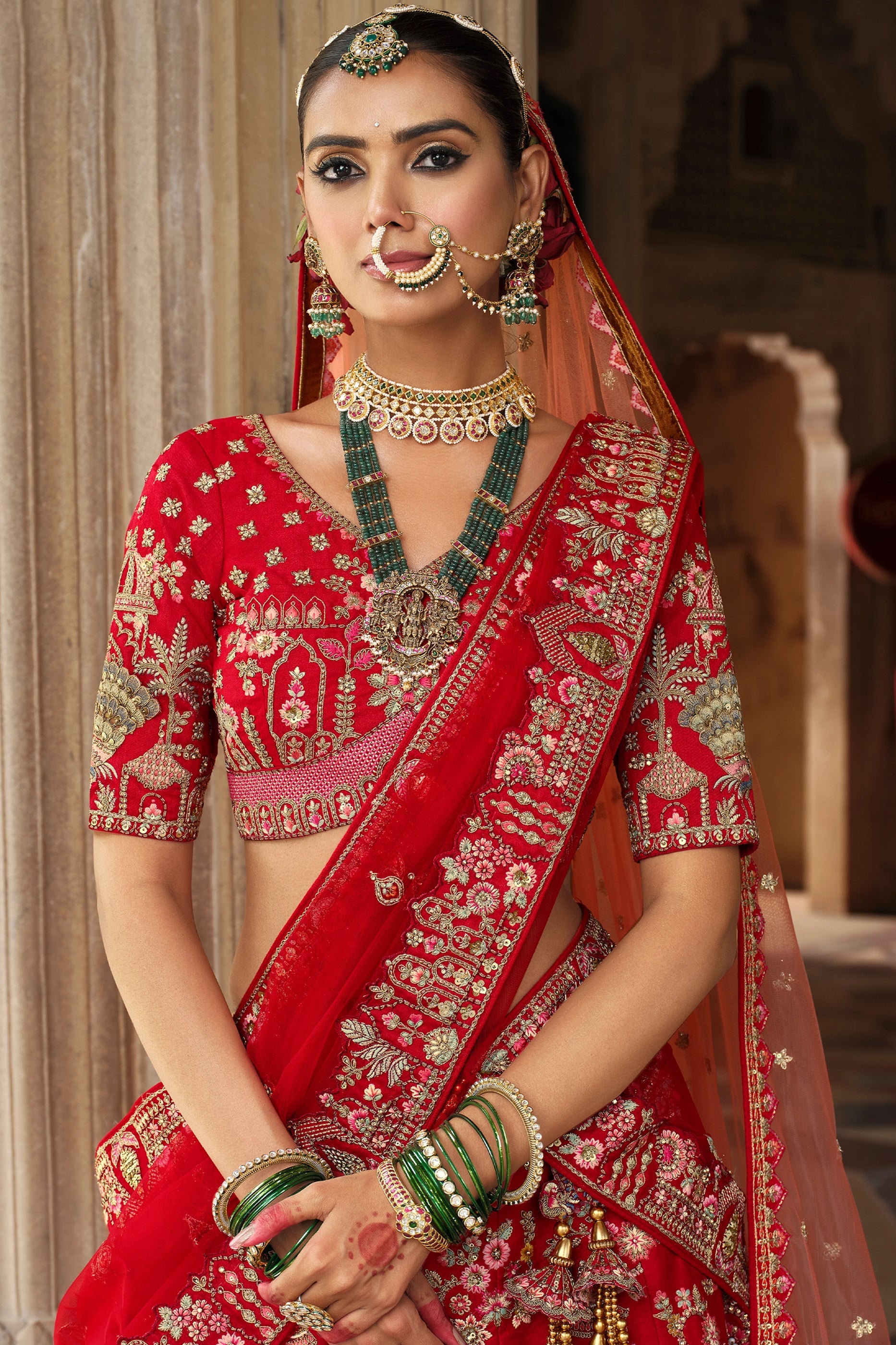 Red Semi-Stitched Embroidered Silk Lehenga-SAR10533_2_SareeButa.com