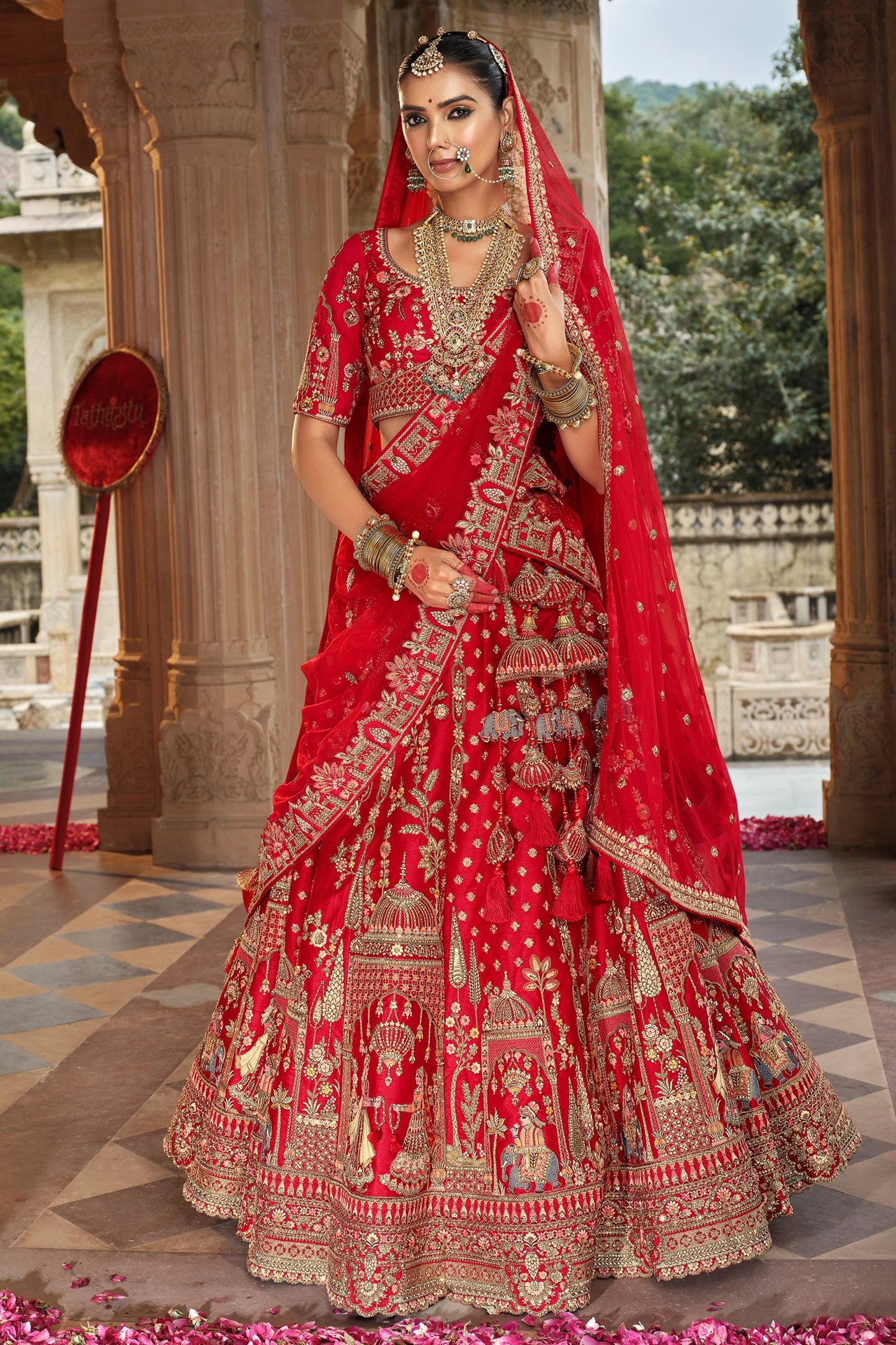 Red Semi-Stitched Embroidered Silk Lehenga-SAR10537_1_SareeButa.com