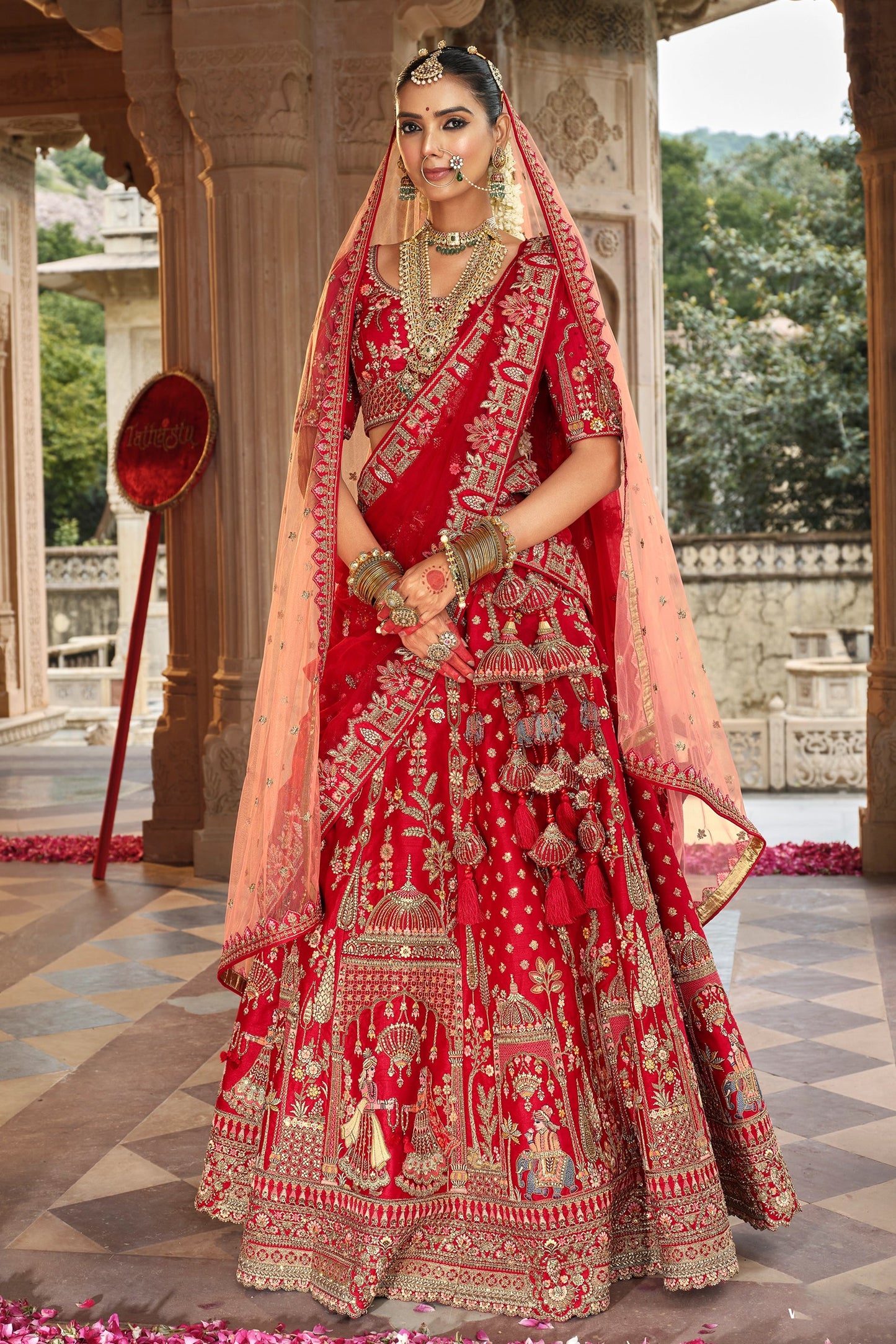 Red Semi-Stitched Embroidered Silk Lehenga-SAR10537_4_SareeButa.com