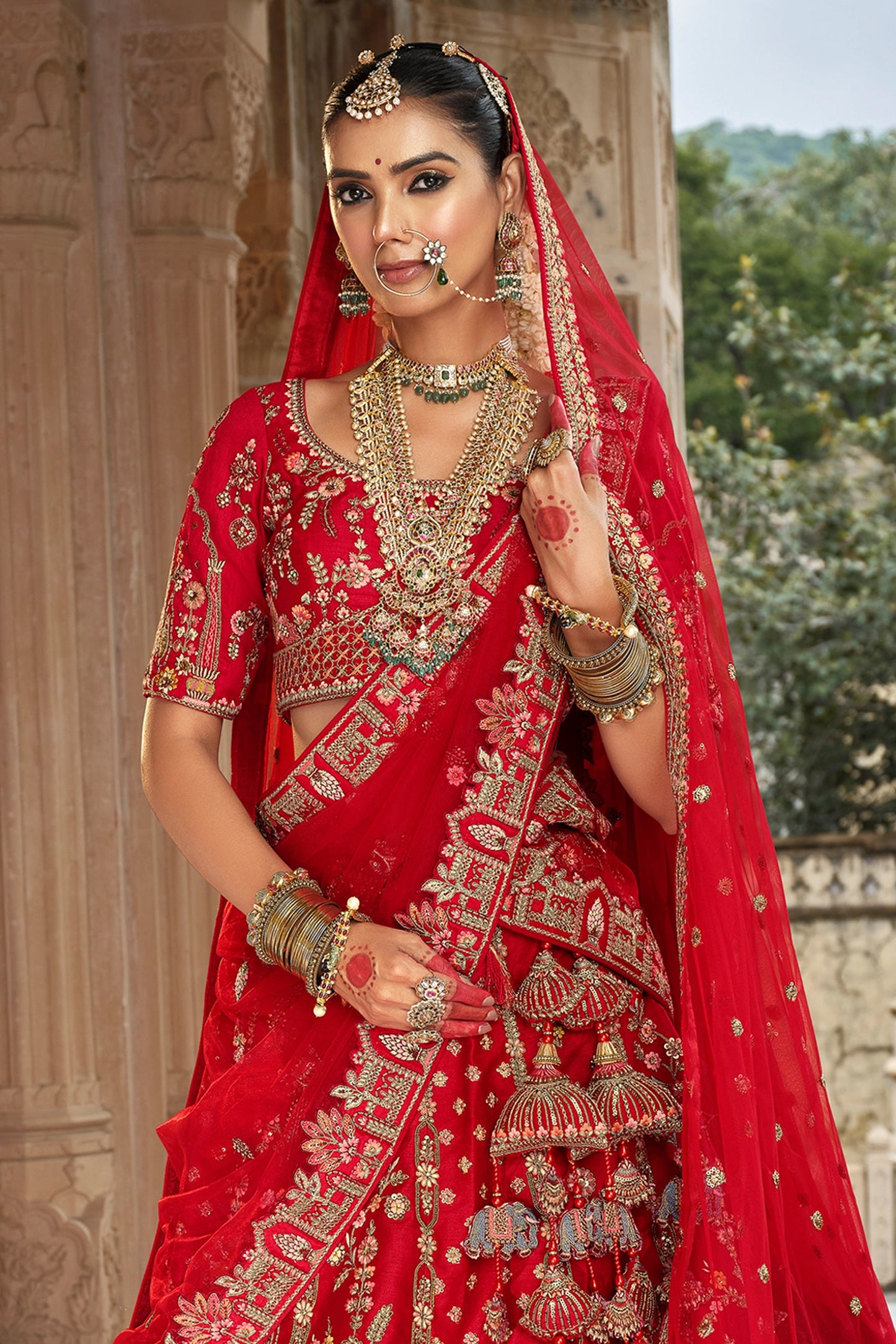 Red Semi-Stitched Embroidered Silk Lehenga-SAR10537_5_SareeButa.com