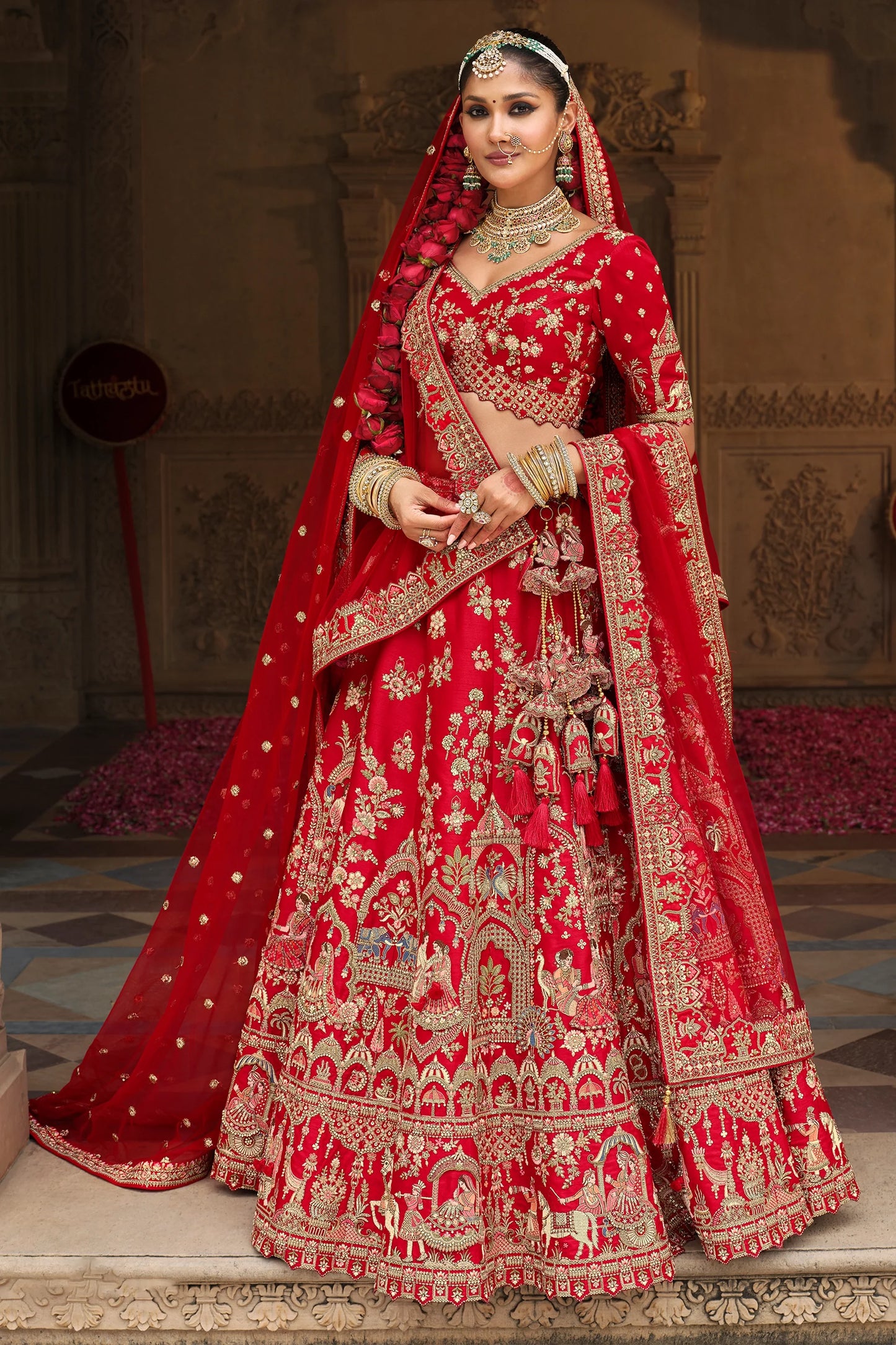 Red Semi-Stitched Embroidered Silk Lehenga-SAR10539_1_SareeButa.com