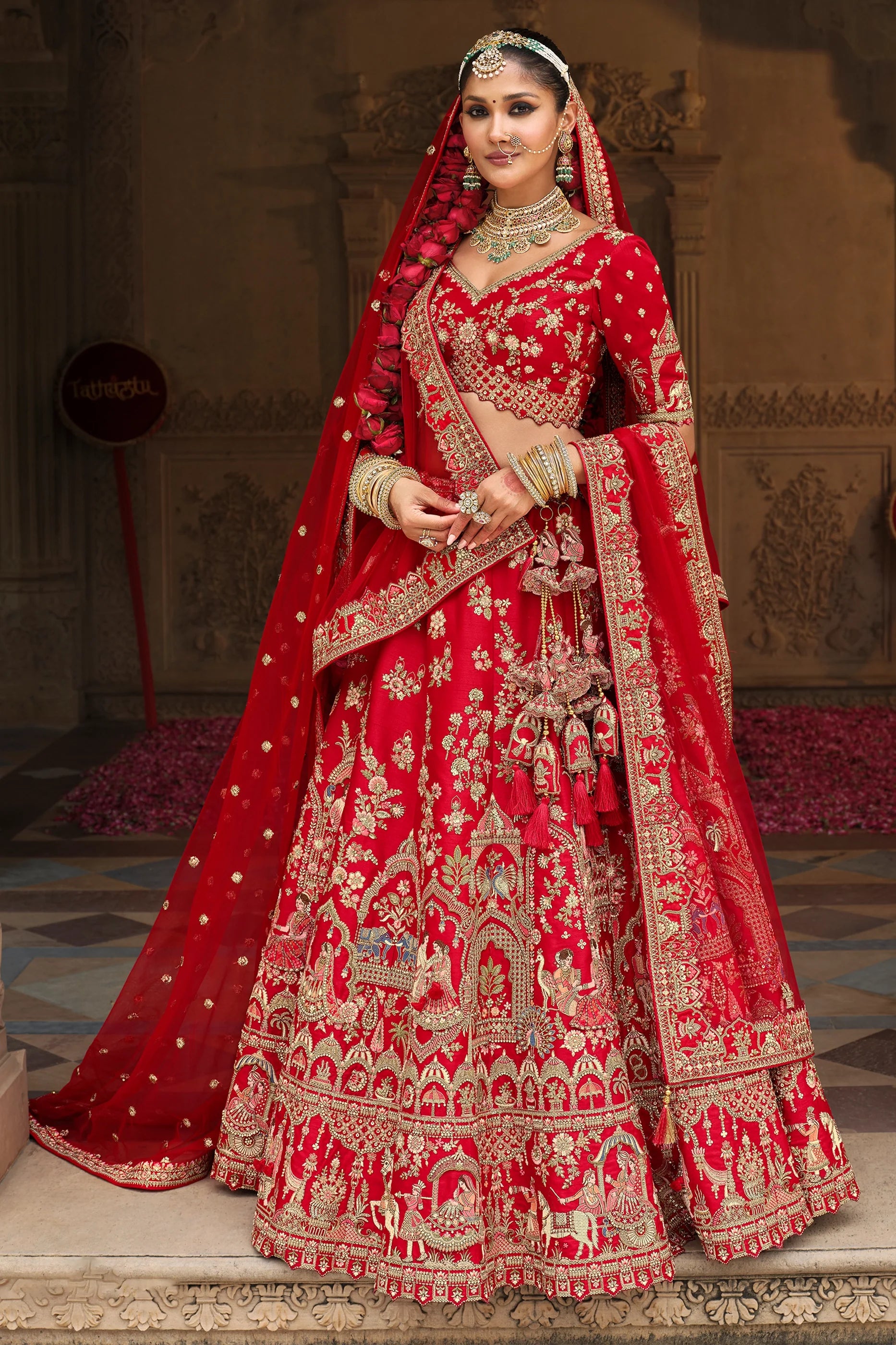 Red Semi-Stitched Embroidered Silk Lehenga-SAR10539_1_SareeButa.com