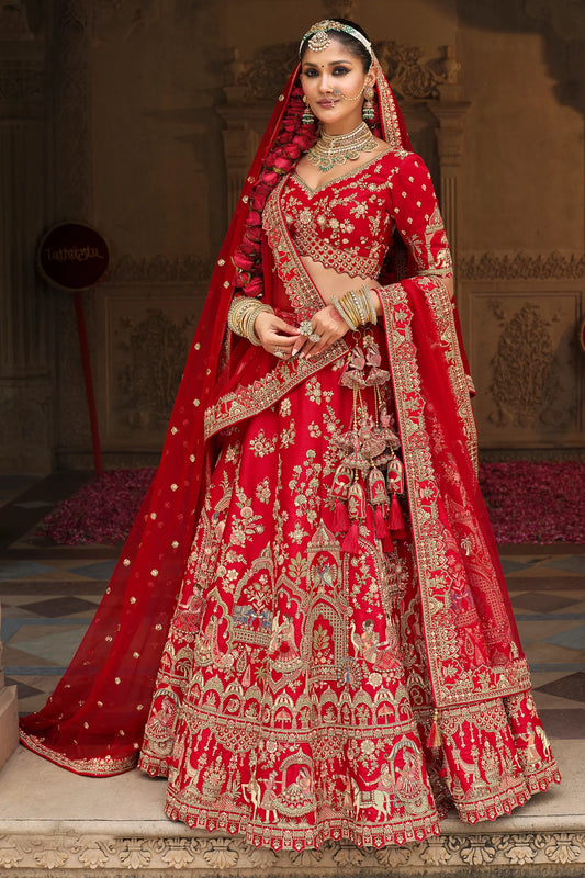 Red Semi-Stitched Embroidered Silk Lehenga-SAR10539_1_SareeButa.com
