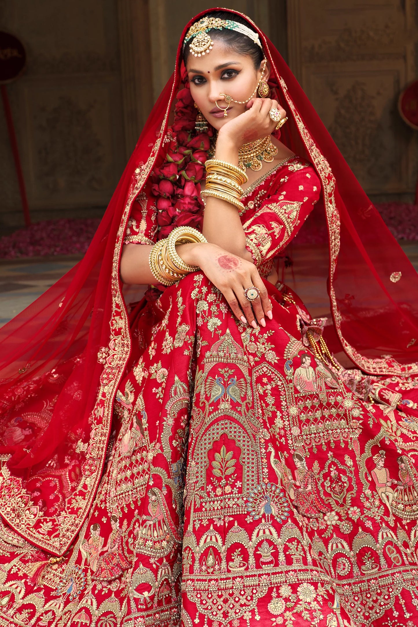 Red Semi-Stitched Embroidered Silk Lehenga-SAR10539_2_SareeButa.com