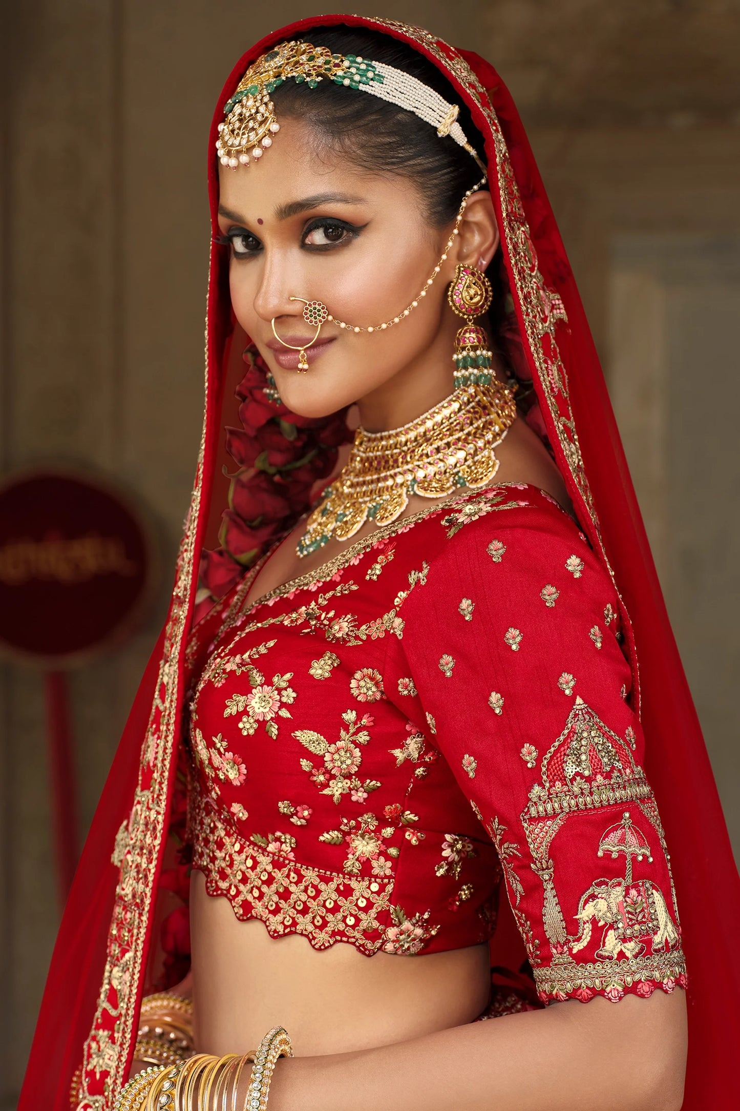 Red Semi-Stitched Embroidered Silk Lehenga-SAR10539_3_SareeButa.com