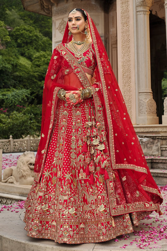 Red Semi-Stitched Embroidered Silk Lehenga-SAR10542_1_SareeButa.com