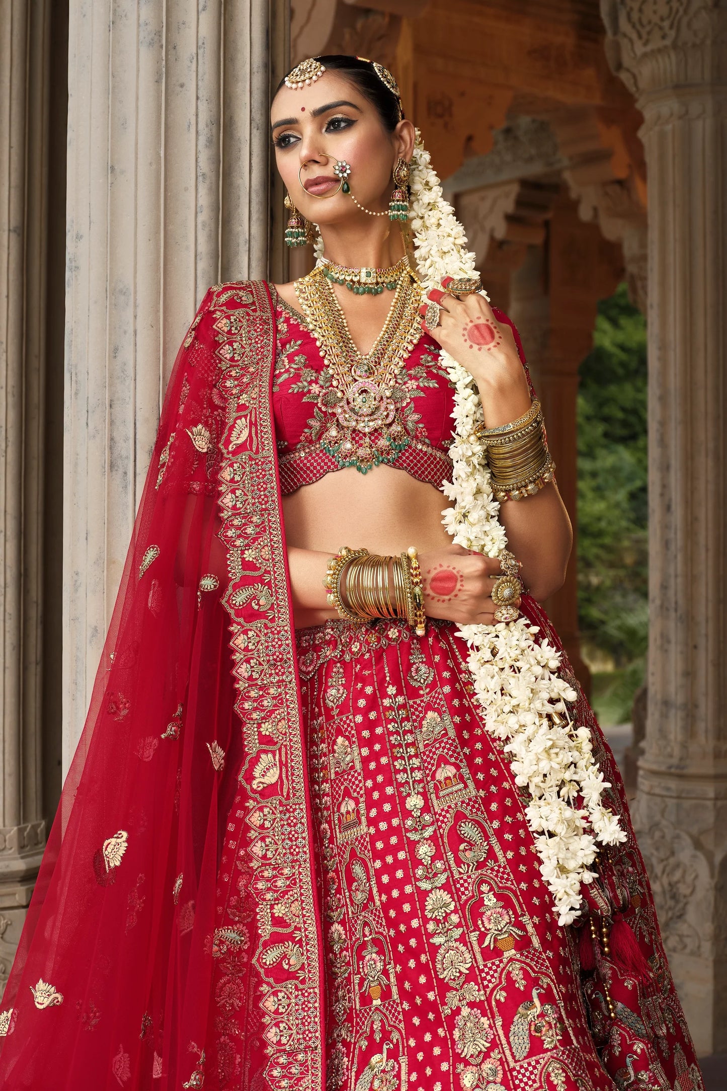 Red Semi-Stitched Embroidered Silk Lehenga-SAR10542_3_SareeButa.com