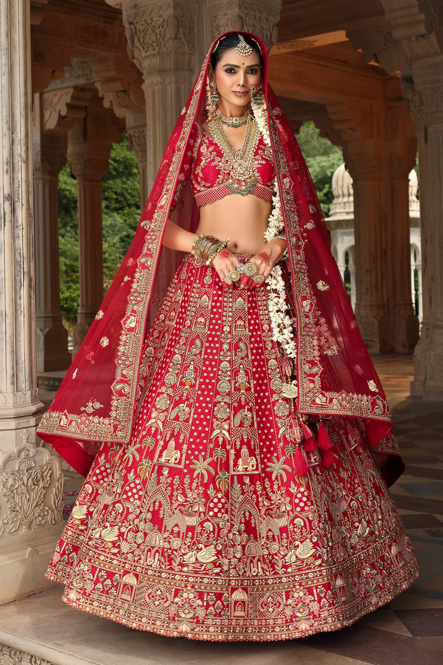 Red Semi-Stitched Embroidered Silk Lehenga-SAR10542_5_SareeButa.com
