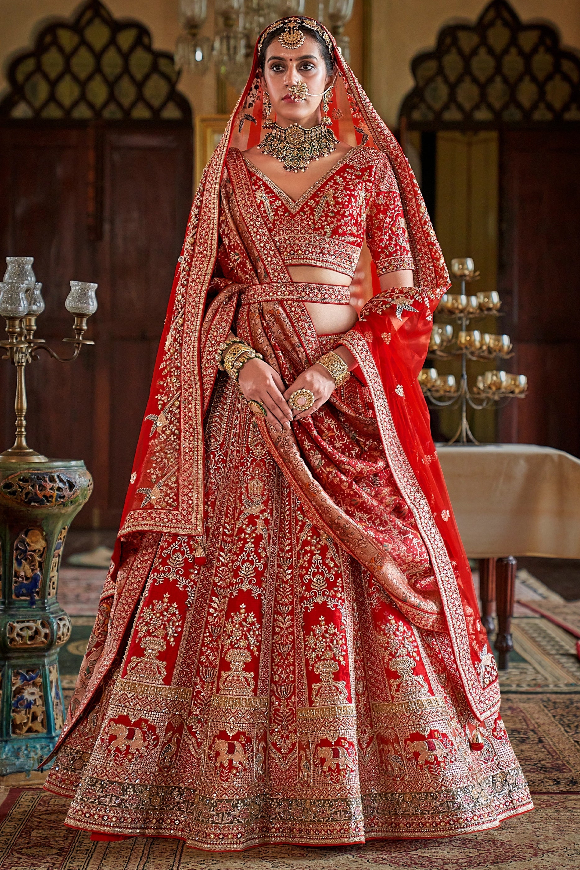 Red Semi-Stitched Embroidered Silk Lehenga-SAR11515_1_SareeButa.com