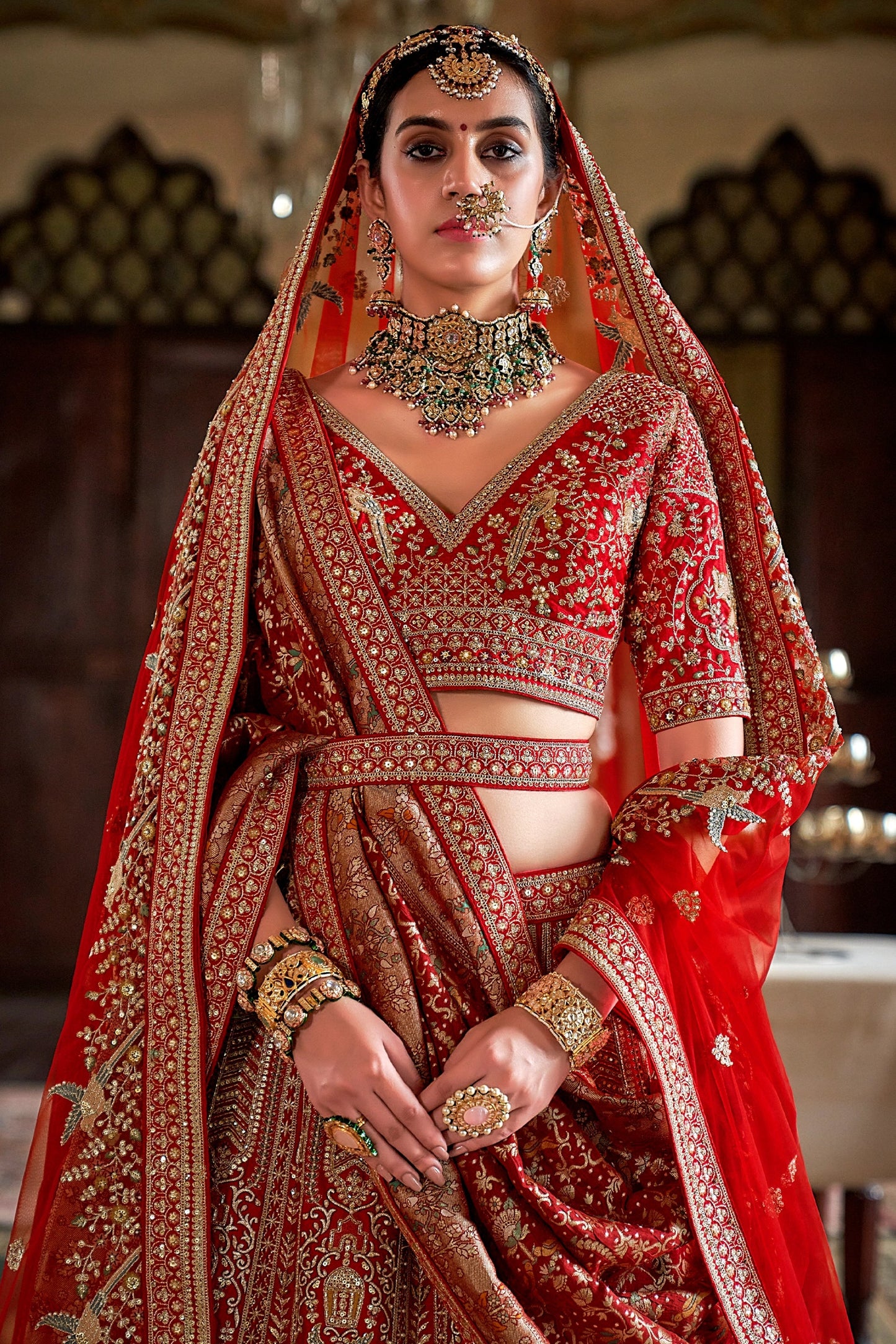 Red Semi-Stitched Embroidered Silk Lehenga-SAR11515_2_SareeButa.com