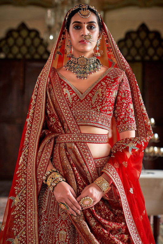Red Semi-Stitched Embroidered Silk Lehenga-SAR11515_2_SareeButa.com